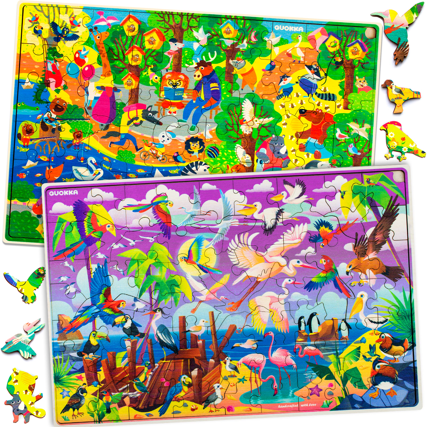 QUOKKA Wooden Jigsaw Puzzle Set for Kids Ages 4–10, 4-Pack, 60 Pieces Each, Animal, Dinosaur & City Themes
