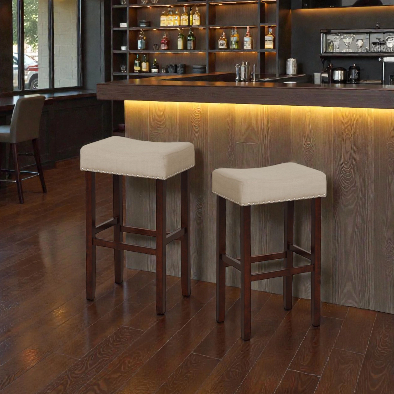 Hivvago 29 Inch Upholstered Bar Stools with Solid Rubber Wood Frame and Footrests- Set of 2