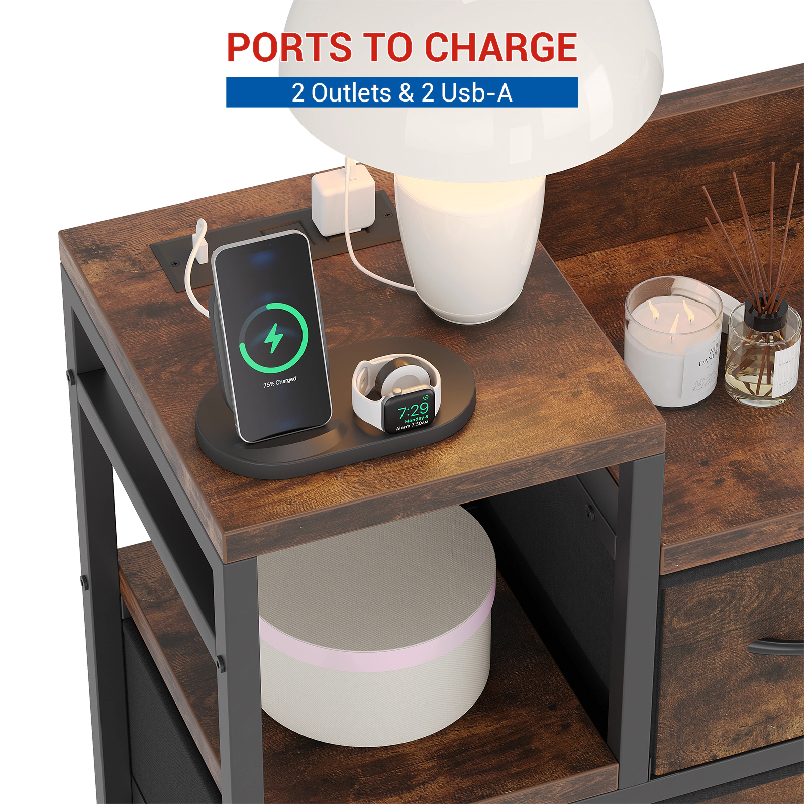 BebreezChic 9 Drawer Dresser with Charging Station and Wooden Top Metal Frame TV Stand
