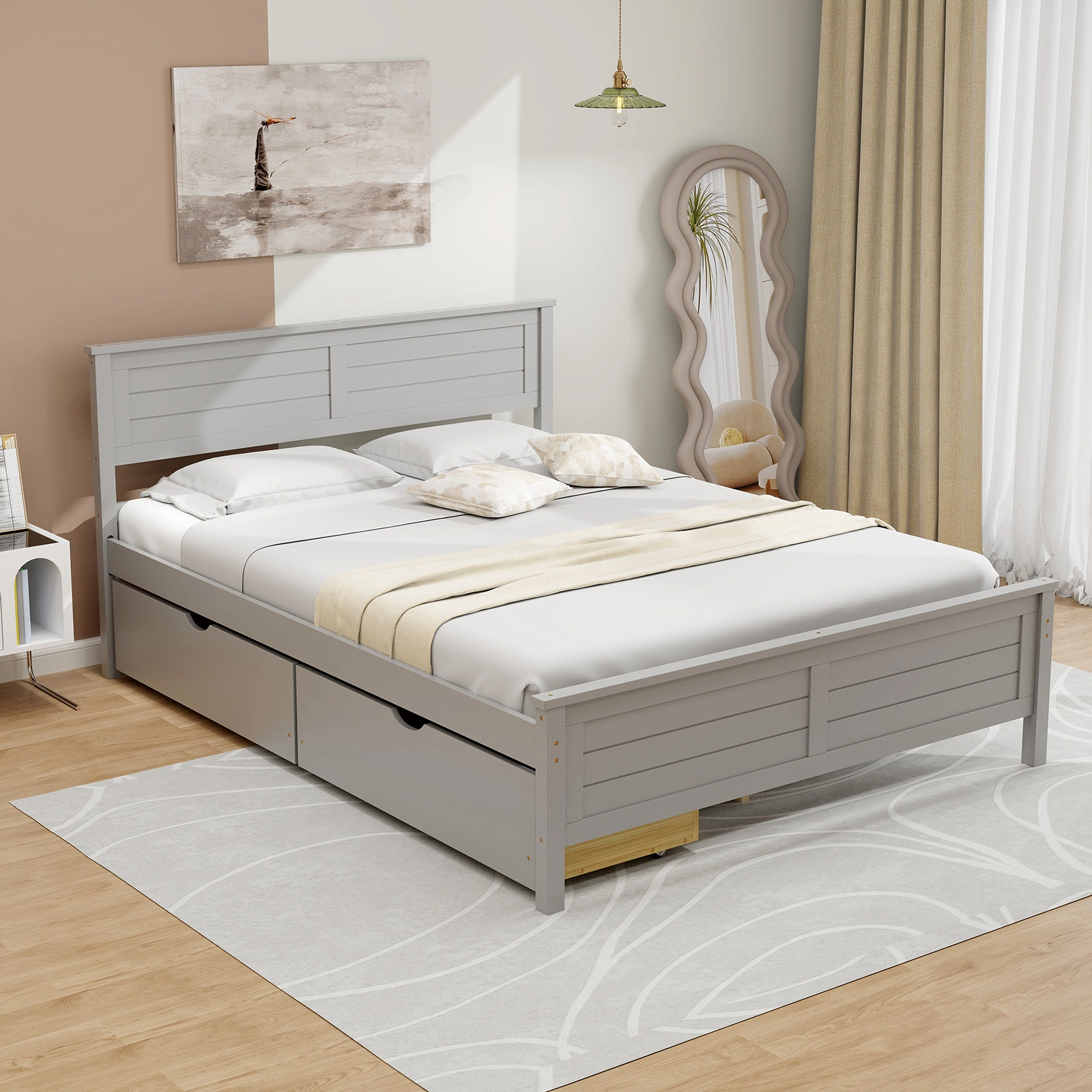 Full Size Bed Frame with 2 Storage Drawers and Solid Wood Headboard Gray Platform Bed with Wooden Slats