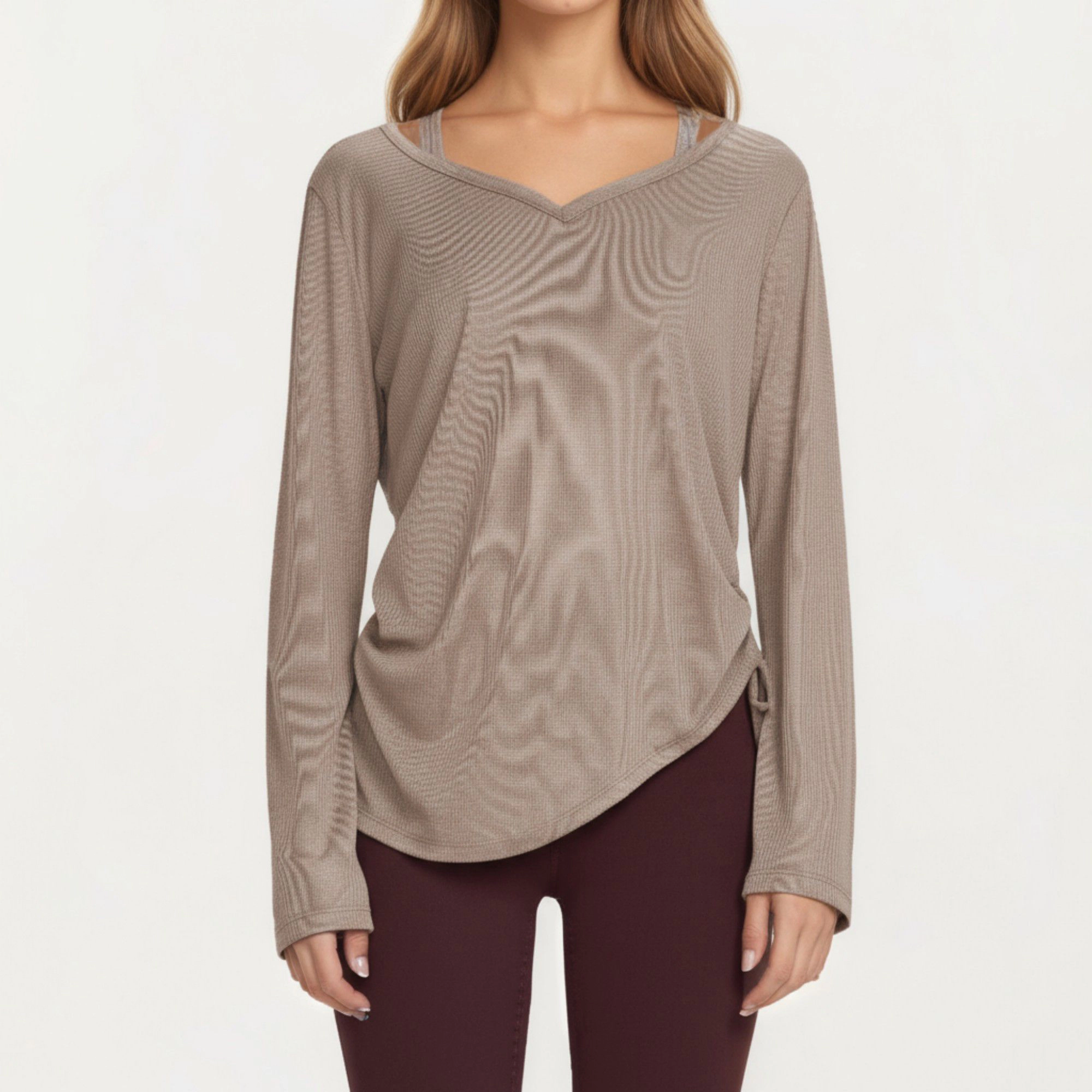 Anna-Kaci Women's Long Sleeve V Neck Top with Soft Textured Fabric Relaxed Draped Silhouette and Curved Hemline