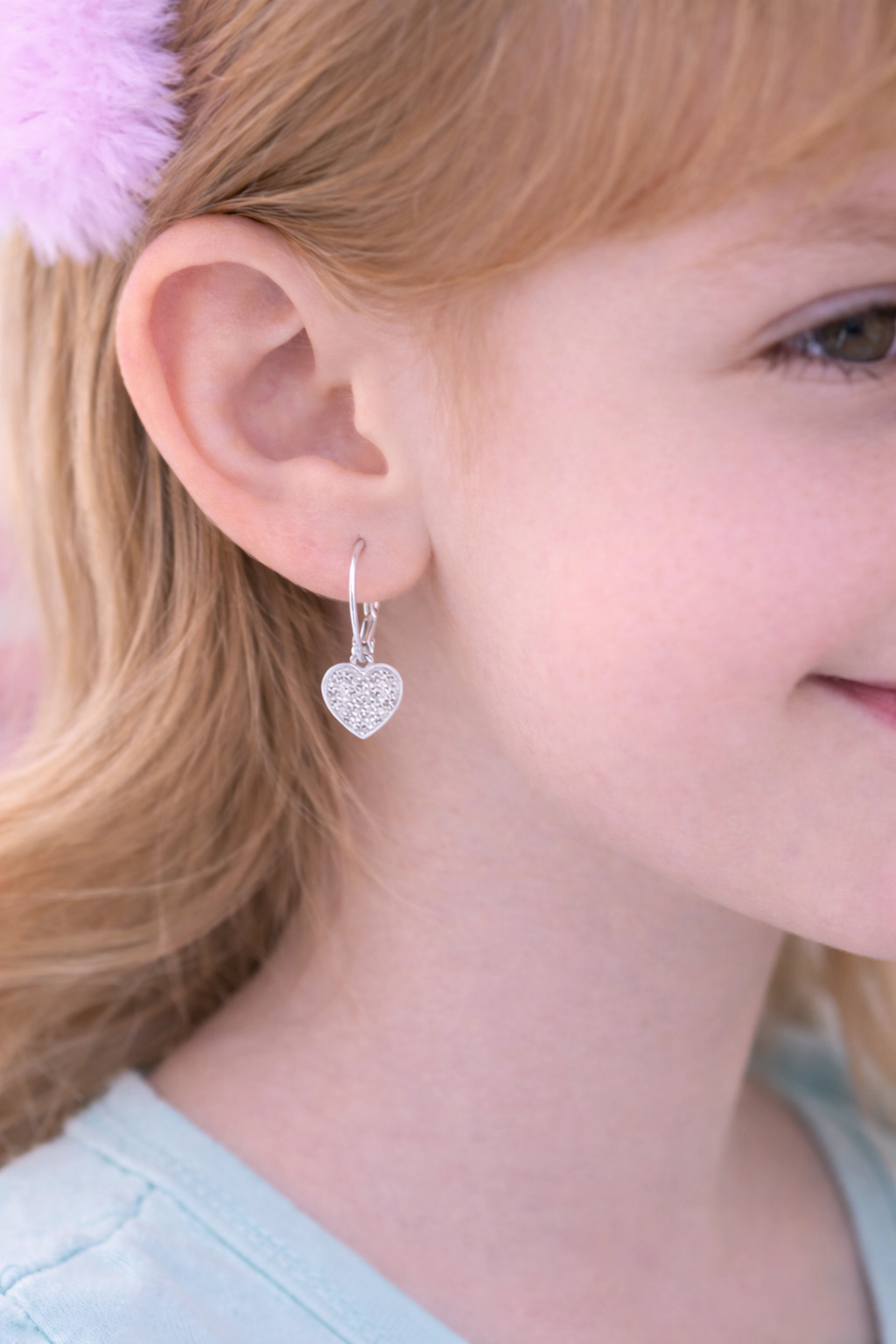 CHANTEUR Kids Heart Leverback Earrings - 925 Sterling Silver Leverback, Silver-Plated Brass, Cubic Zirconia