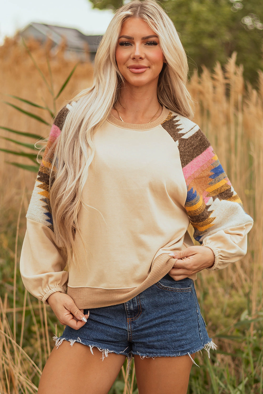 Threaded Pear Women's Logan Aztec Patchwork Raglan Pullover Sweatshirt