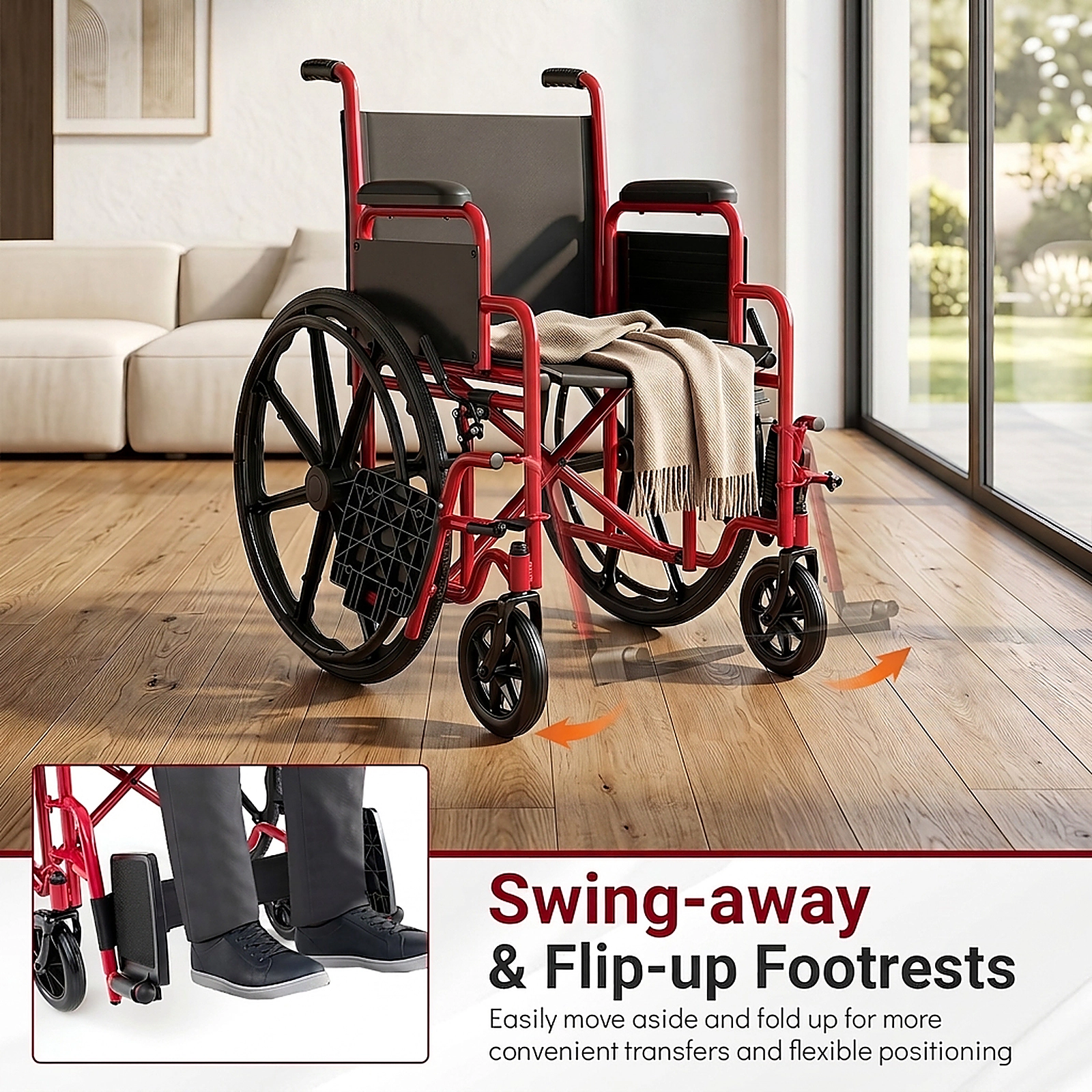 SUGIFT Red Folding Wheelchair, 330-Lb Capacity, Swing-Away Footrests, Desk-Length Arms