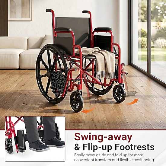 SUGIFT Red Folding Wheelchair, 330-Lb Capacity, Swing-Away Footrests, Desk-Length Arms