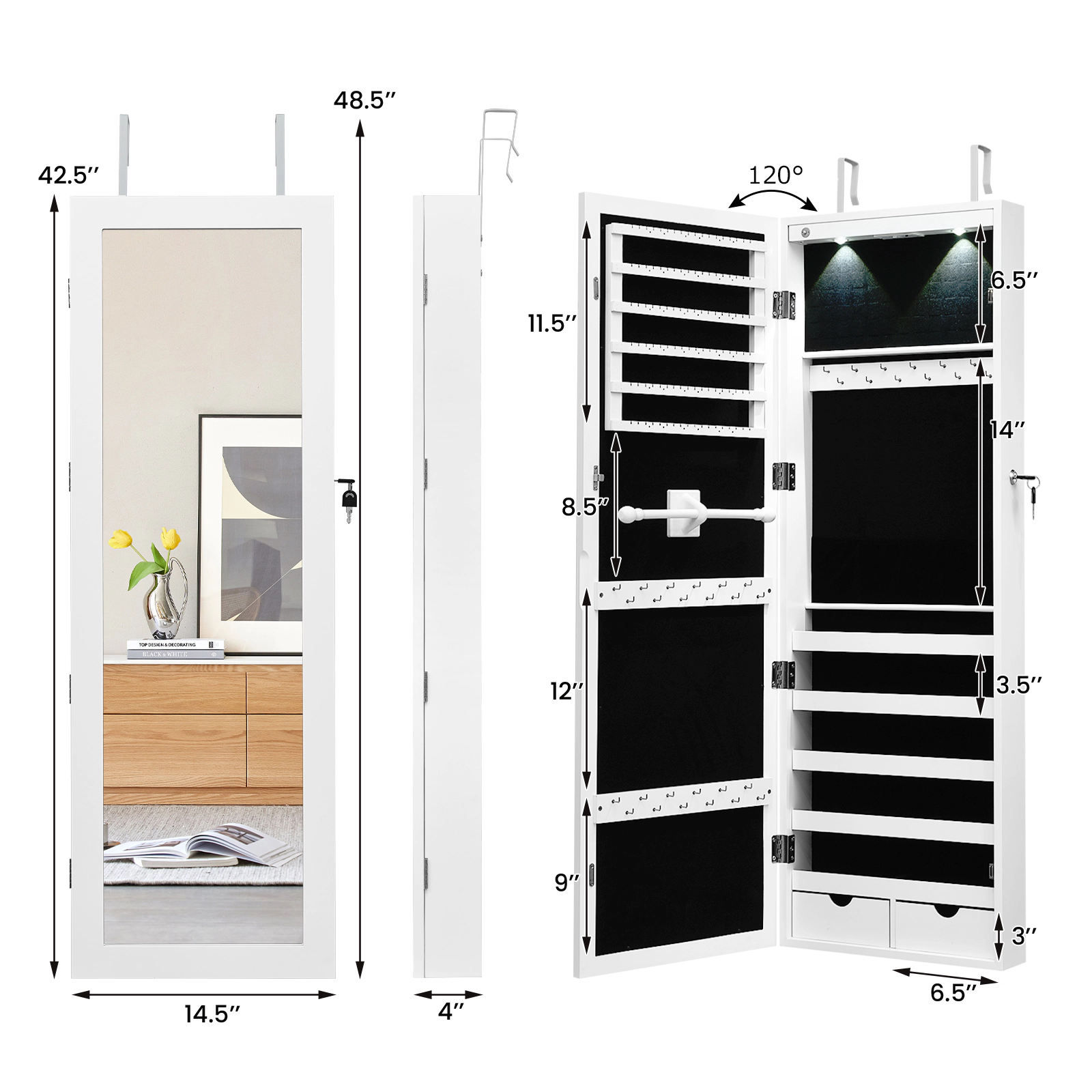 SUGIFT Wall Mount Jewelry Cabinet White Lockable Mirrored Armoire with 8 LED Lights