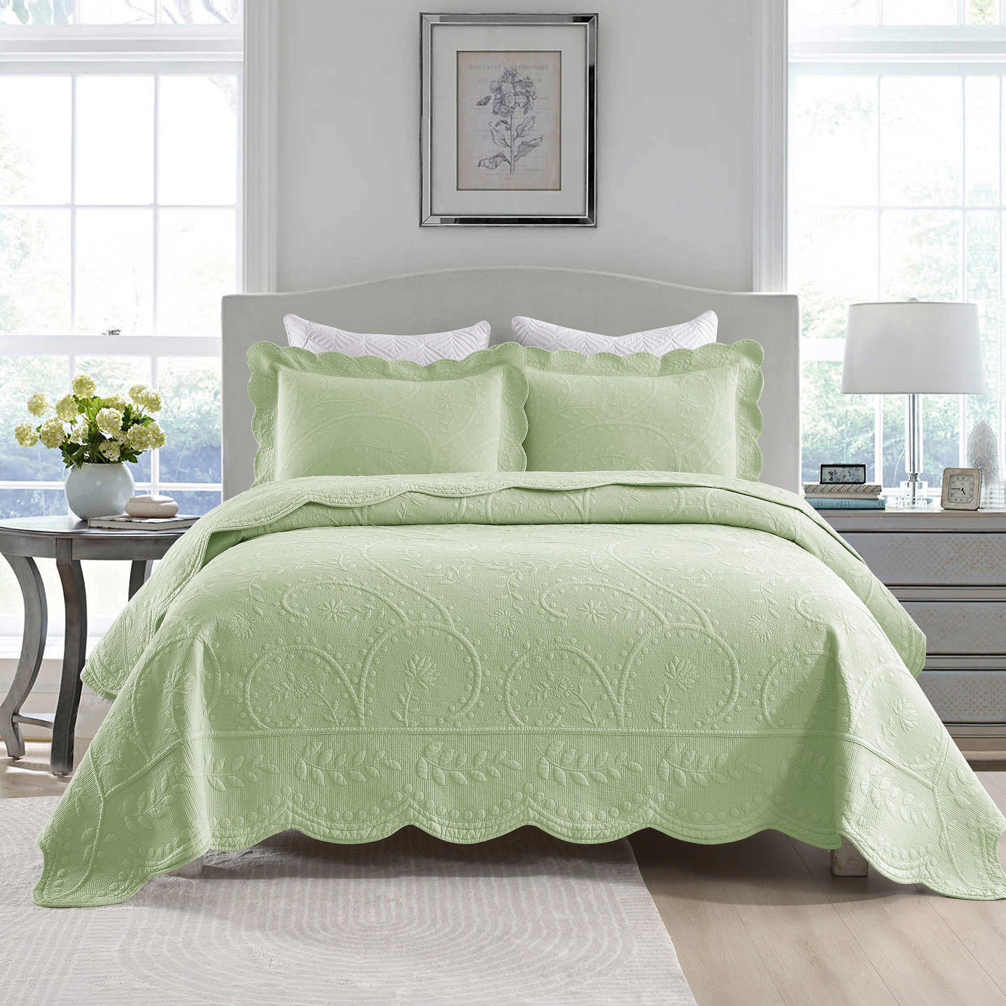 MarCielo 3 Piece Elegantly Embroidered 100% Cotton Oversized Quilt Bedspread Set