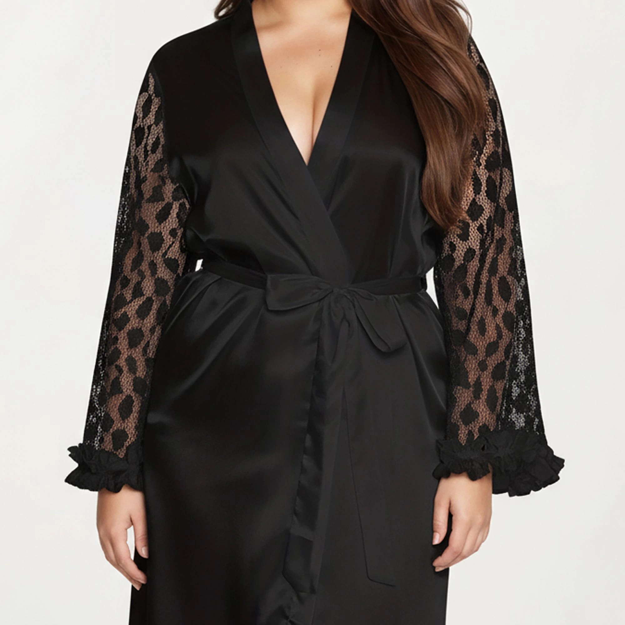 Anna-Kaci Women's Plus Satin Robe with Sheer Floral Lace Sleeves Ruffled Cuffs and Adjustable Waist Tie