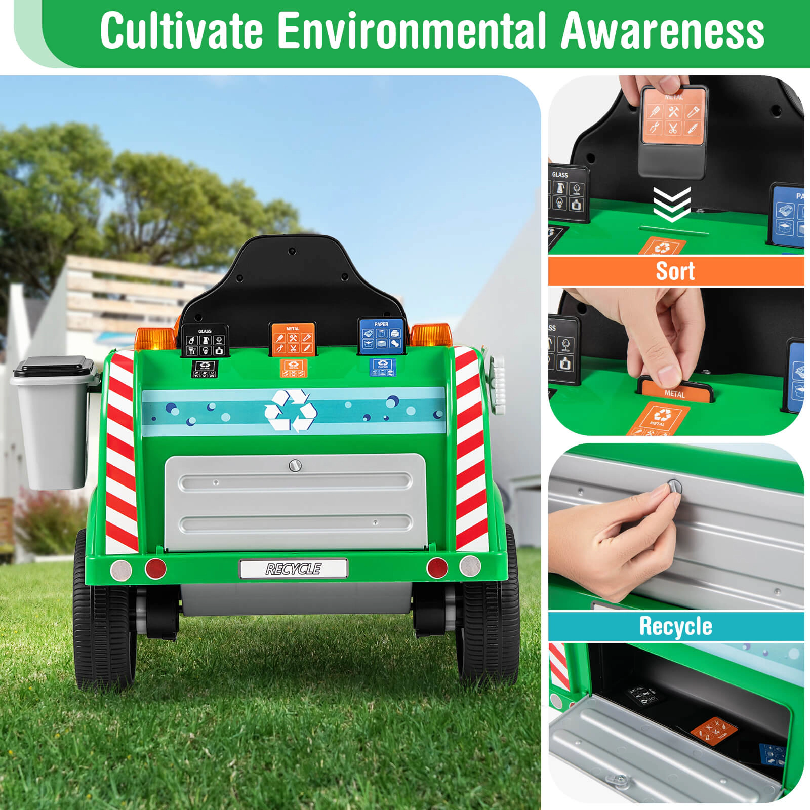 Costway Ride on Garbage Truck with Remote Control Trash Bin Shovel Lights Sound Effects