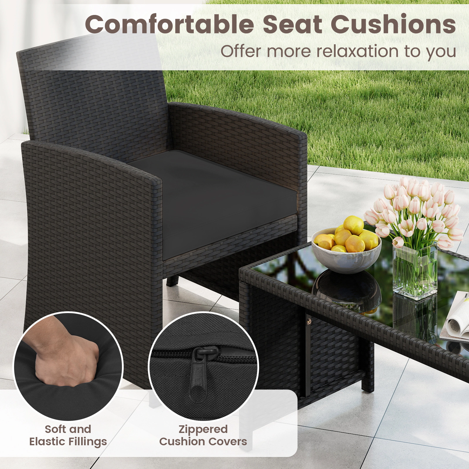 SUGIFT 4-Piece Black Rattan Patio Sofa Set with Loveseat, 2 Sofas and Coffee Table