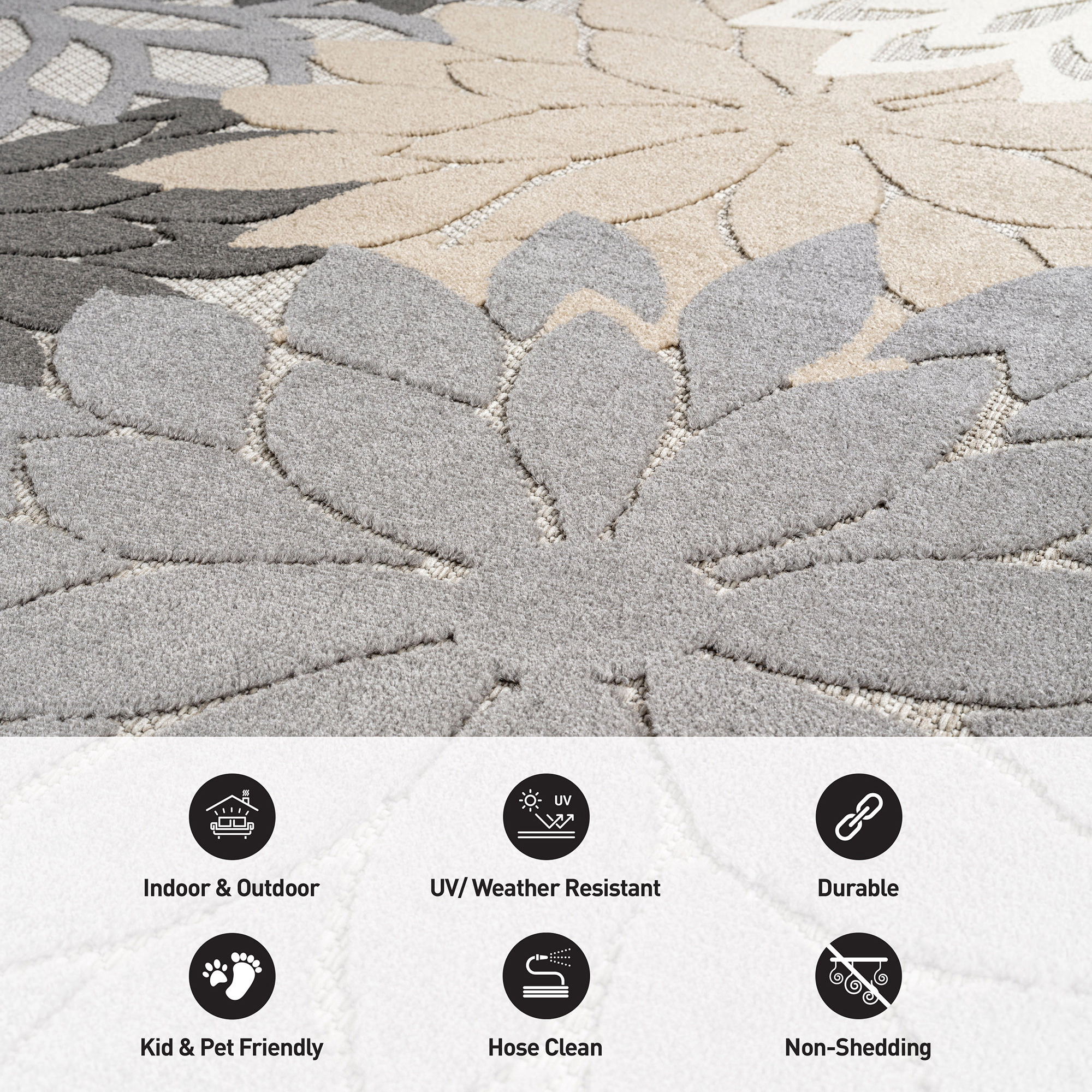 World Rug Gallery Indoor/Outdoor High-Low Textured Area Rug, Floral Gray/Ivory, Easy-Clean Patio