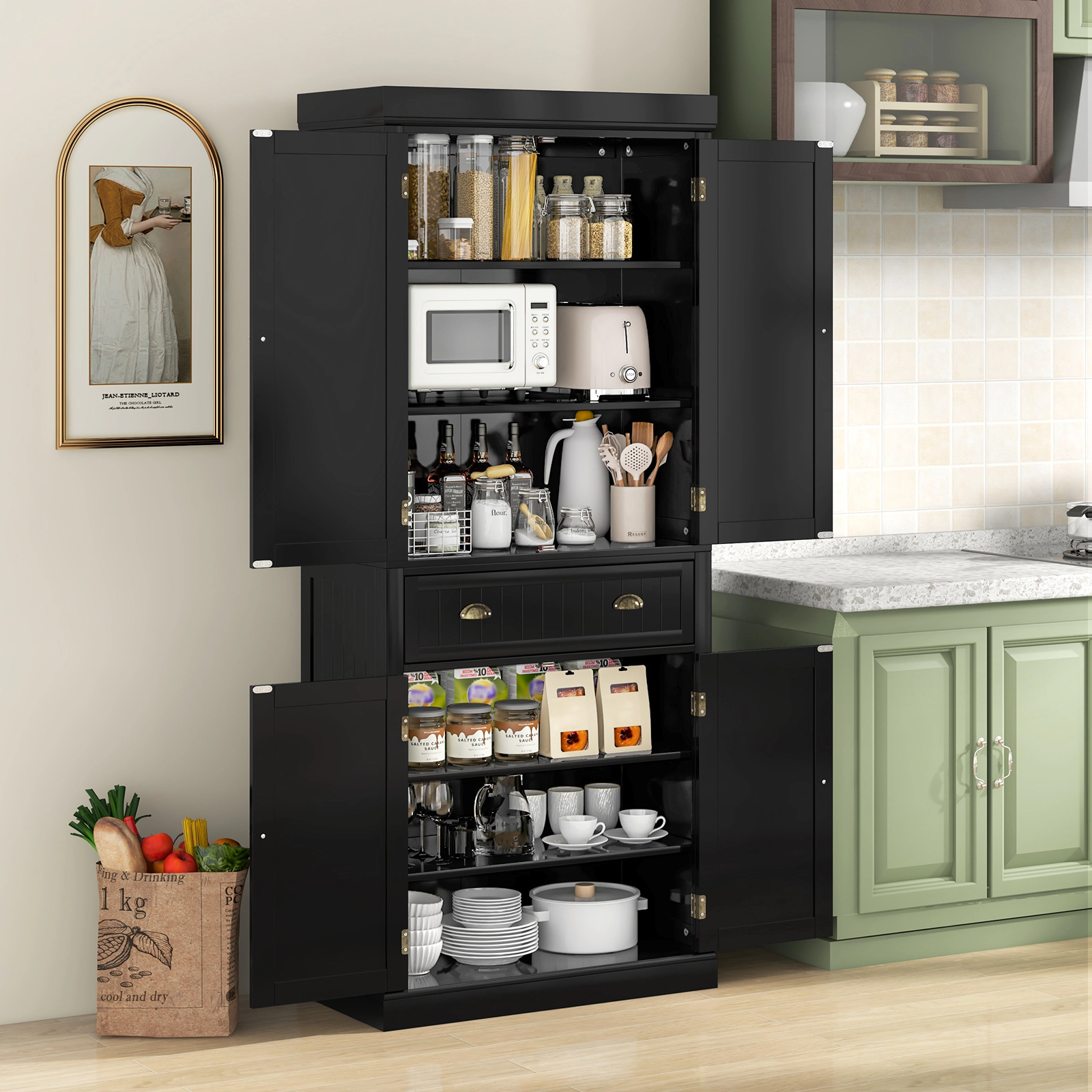 SUGIFT 72-in Tall Black Narrow Storage Cabinet with Doors Drawer and Adjustable Shelves for Laundry
