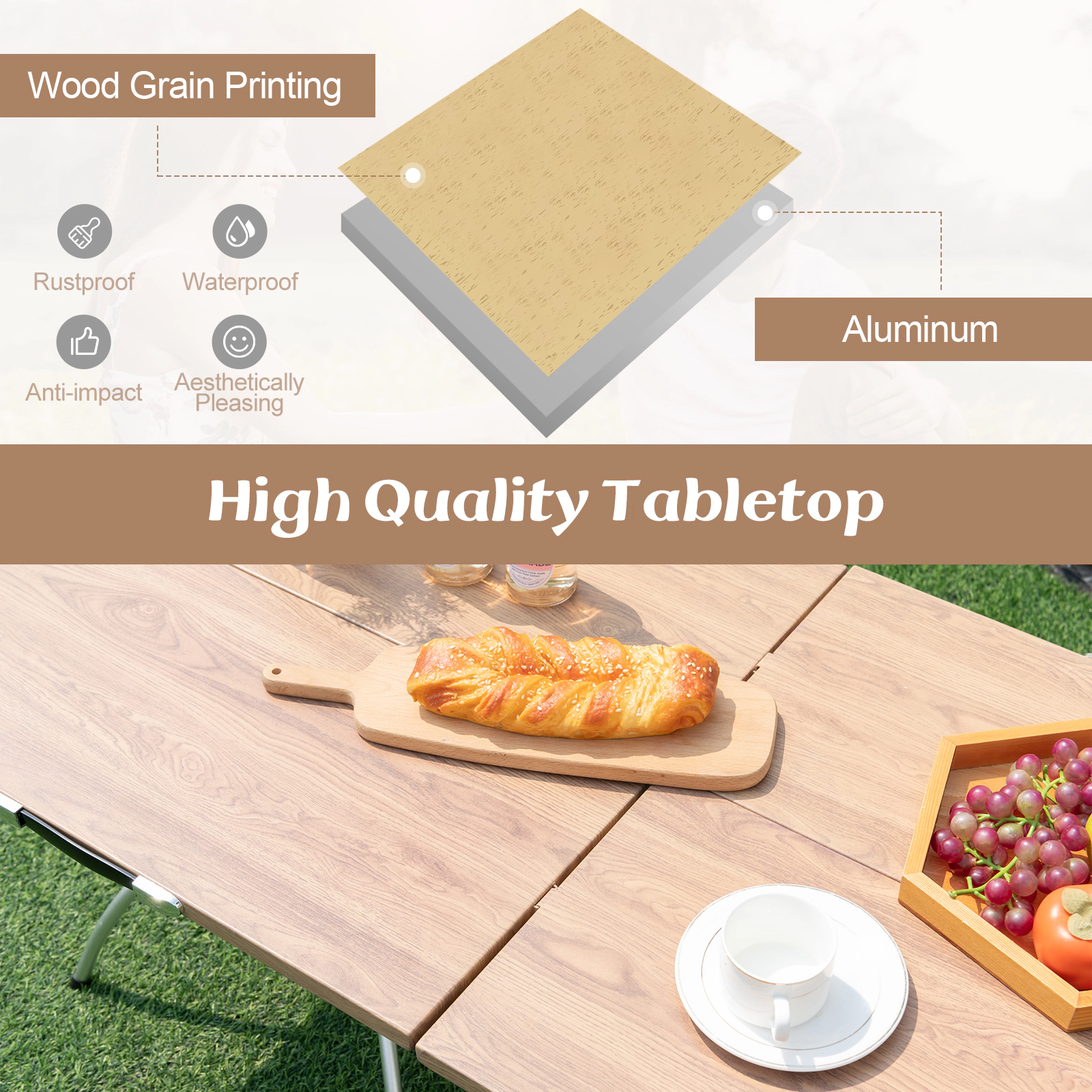 LJG Patented 2 Pack Folding Camping Table with Wood-Grain Tabletop for Hiking Party
