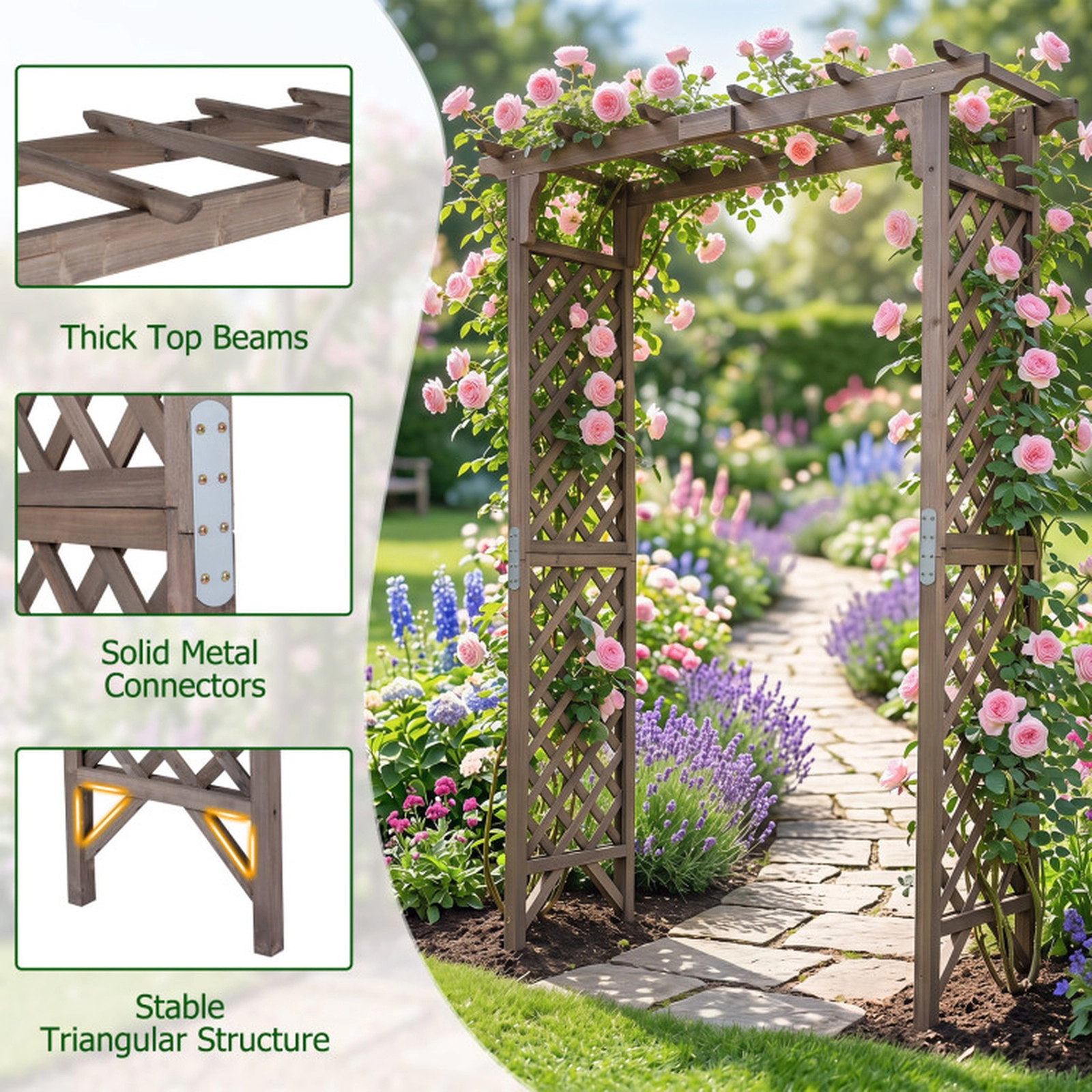 SUGIFT Dark Brown Flat Top Wooden Garden Arbor with Gate and Side Trellises 60-in W 24-in D 85-in H 49-in Entry W