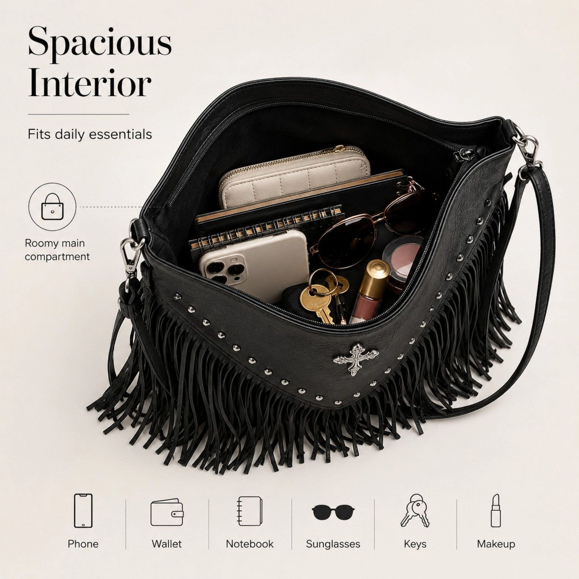 Alilang Women's Studded Fringe Shoulder Bag with Adjustable Strap and Zip Closure