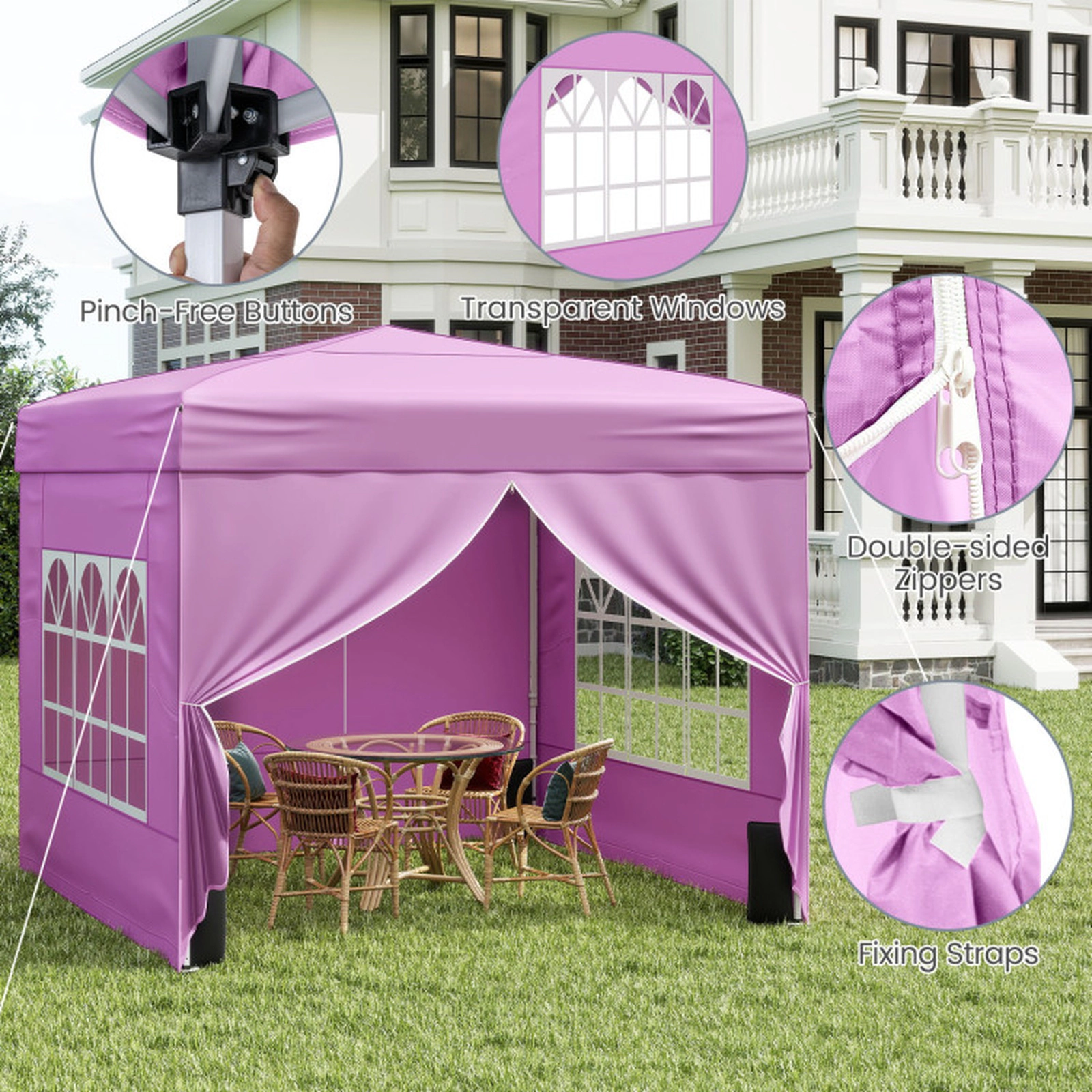 SUGIFT Pop Up 10-ft x 10-ft Canopy Gazebo Tent with 3-Height Adjustable Frame 4 Sidewalls Sandbags Stakes and Bag Pink