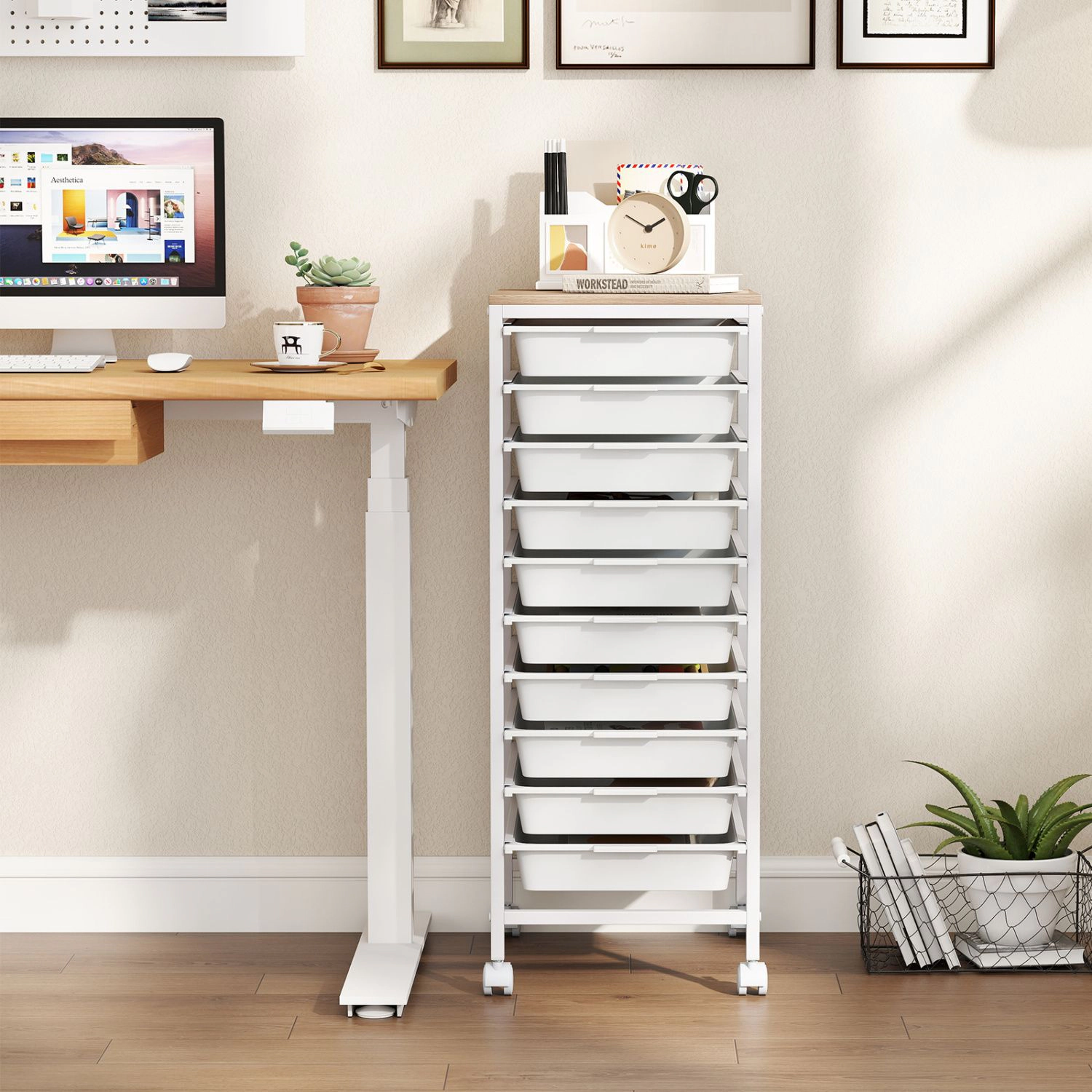SlickBlue 10 Drawer Rolling Storage Cart with Wooden Top Organizer