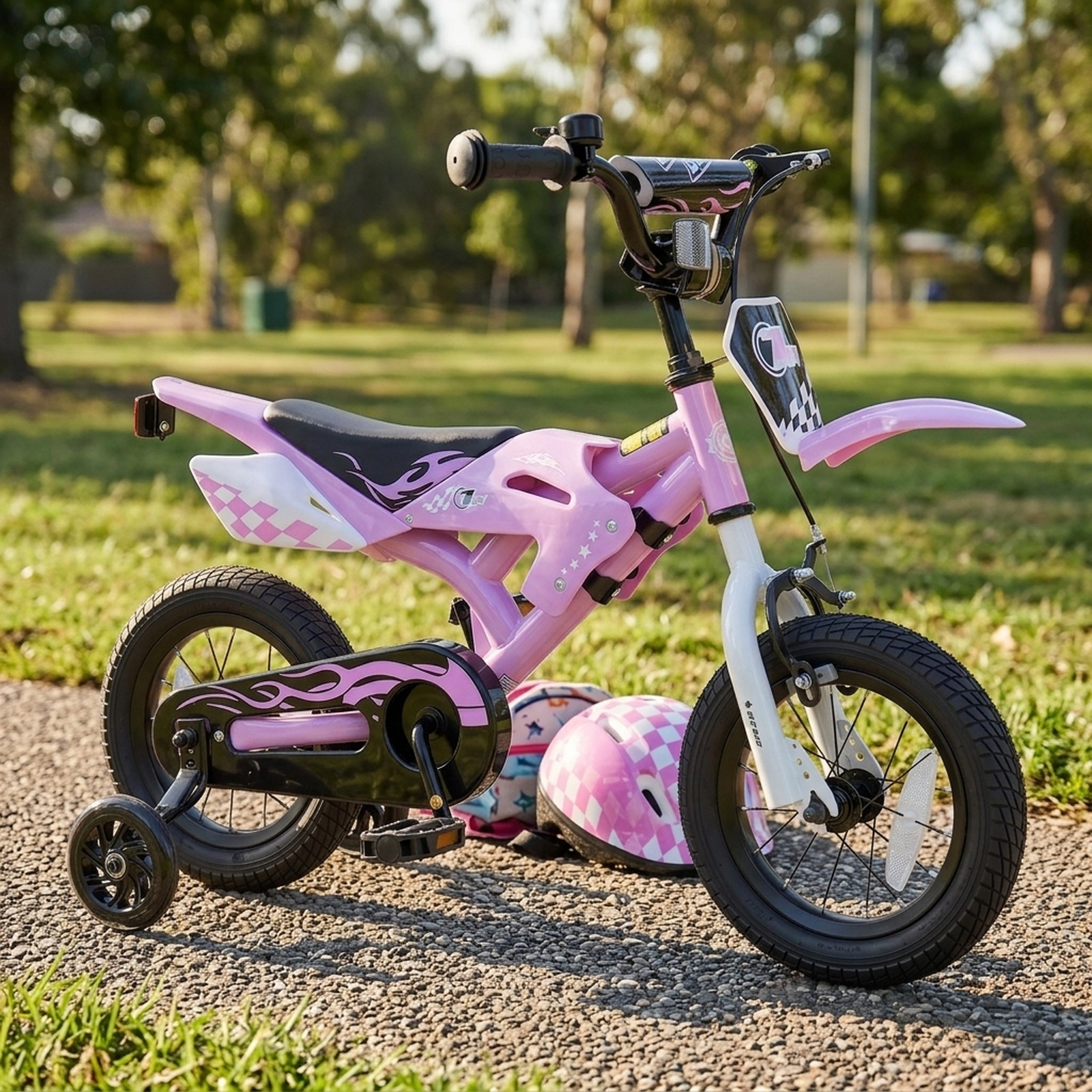 12-in Kids Bike Motorcycle Styled with Training Wheels Number Plate and Adjustable Handlebar for Ages 3-4