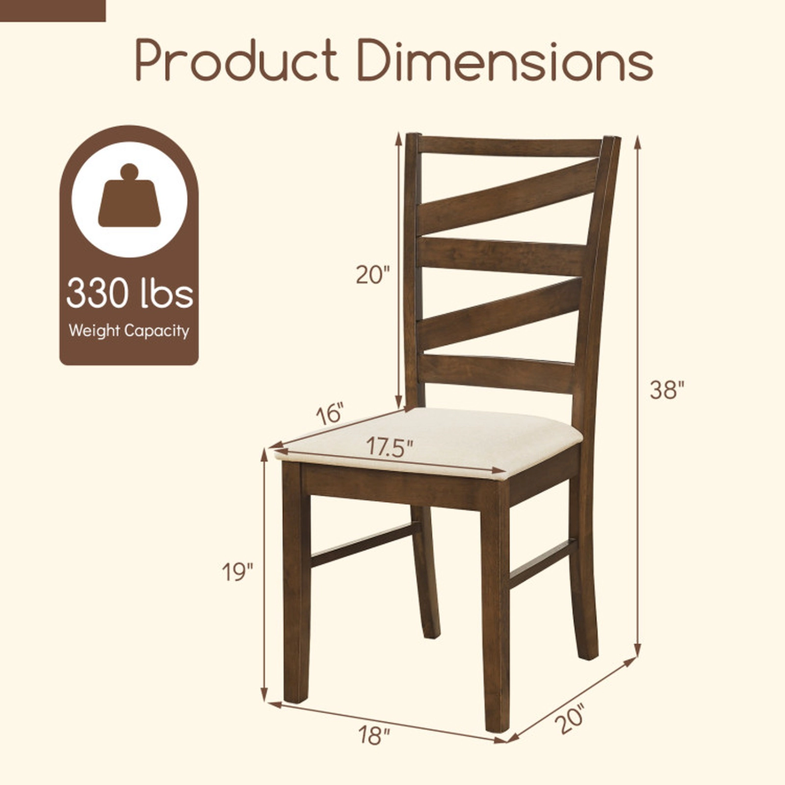 SUGIFT Tall Ladder Back and Linen Padded Seat 330-lb Set of 4 Rubber Wood Dining Chairs