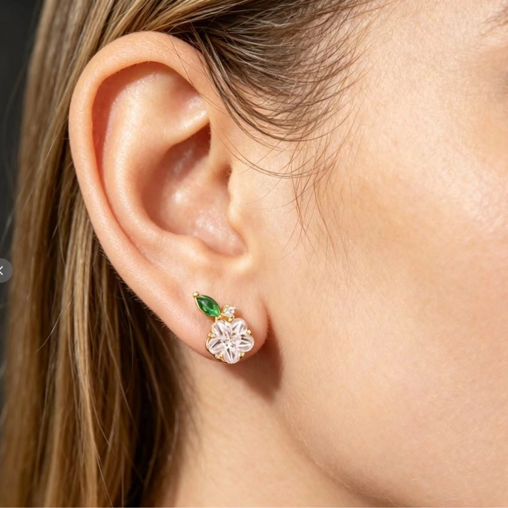 Flower Cubic Zirconia Stud Earring Gold Plated Emerald Leaf Crystal Dainty Earring