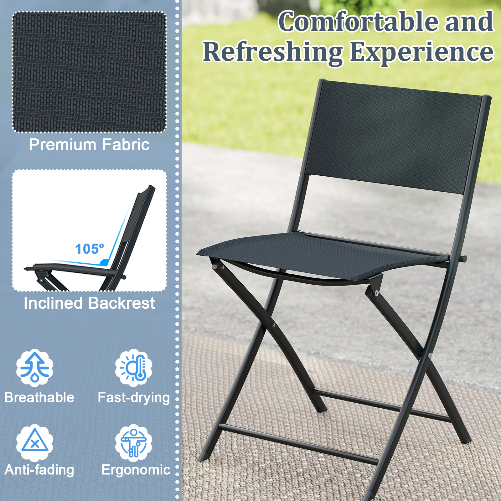 SUGIFT 3 Piece Folding Patio Bistro Set Black with Tempered Glass Table and 2 Chairs