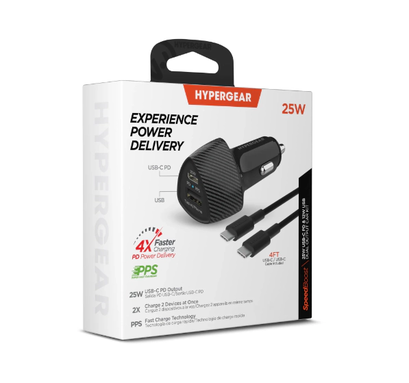 HyperGear SpeedBoost 25W PD USB-C Car Charger Kit with PPS Fast Charge Tech
