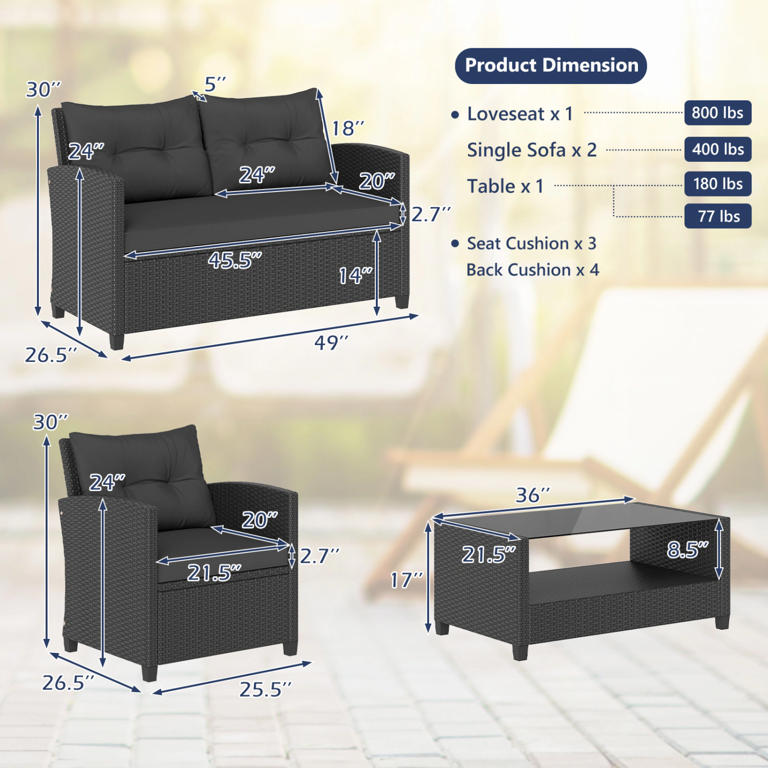 LJG 4 Pieces Patio Rattan Furniture Set with Tempered Glass Coffee Table
