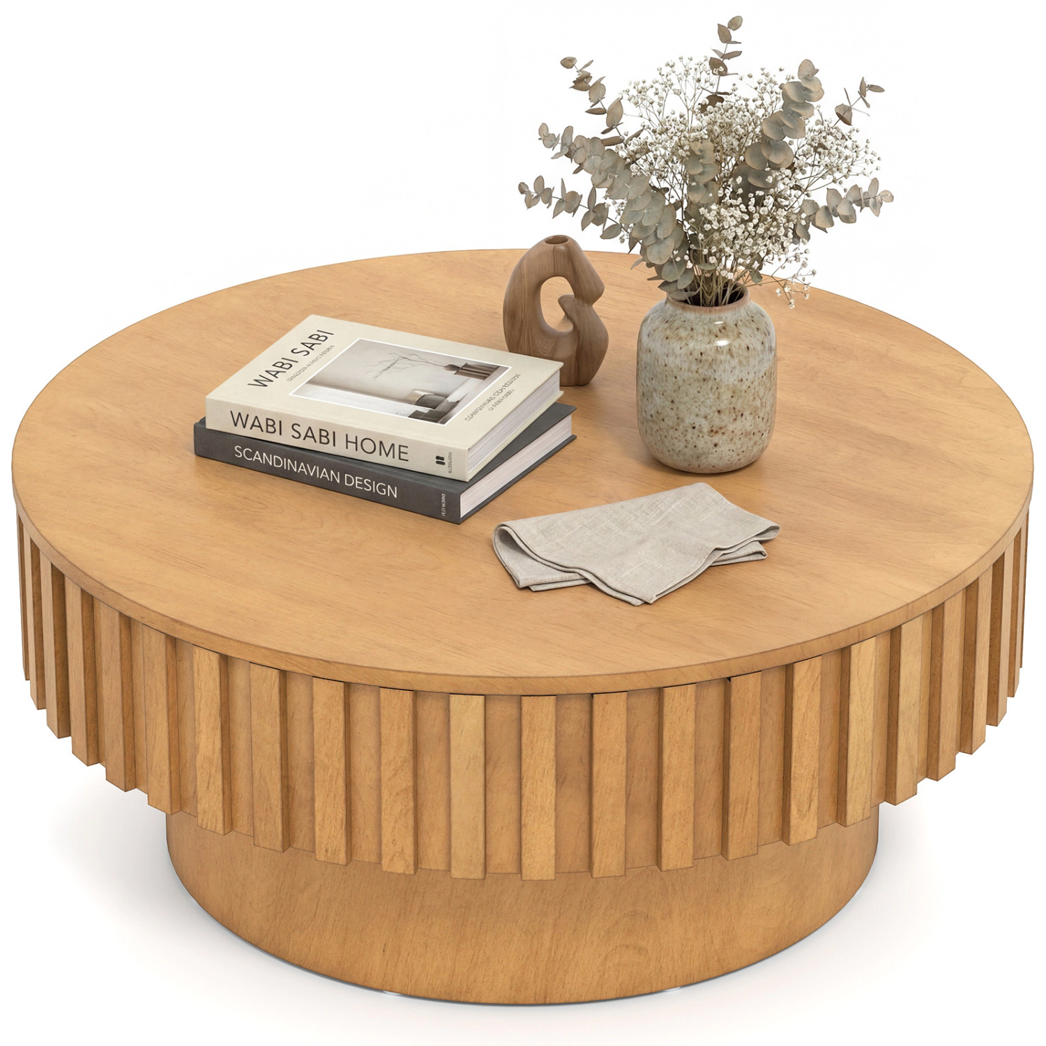 Glintex 31-Inch Round Drum Coffee Table with Fluted Pedestal and Storage
