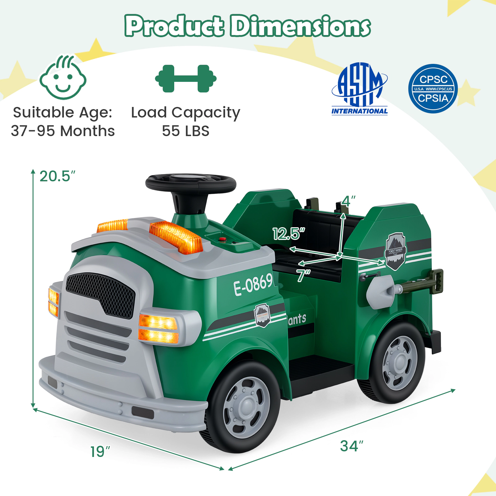 12V Kids Ride On Fire Truck with Toy Extinguisher Shovel Wrench Ladder and Alarm Horn for Ages 37-95 Months Electric Car