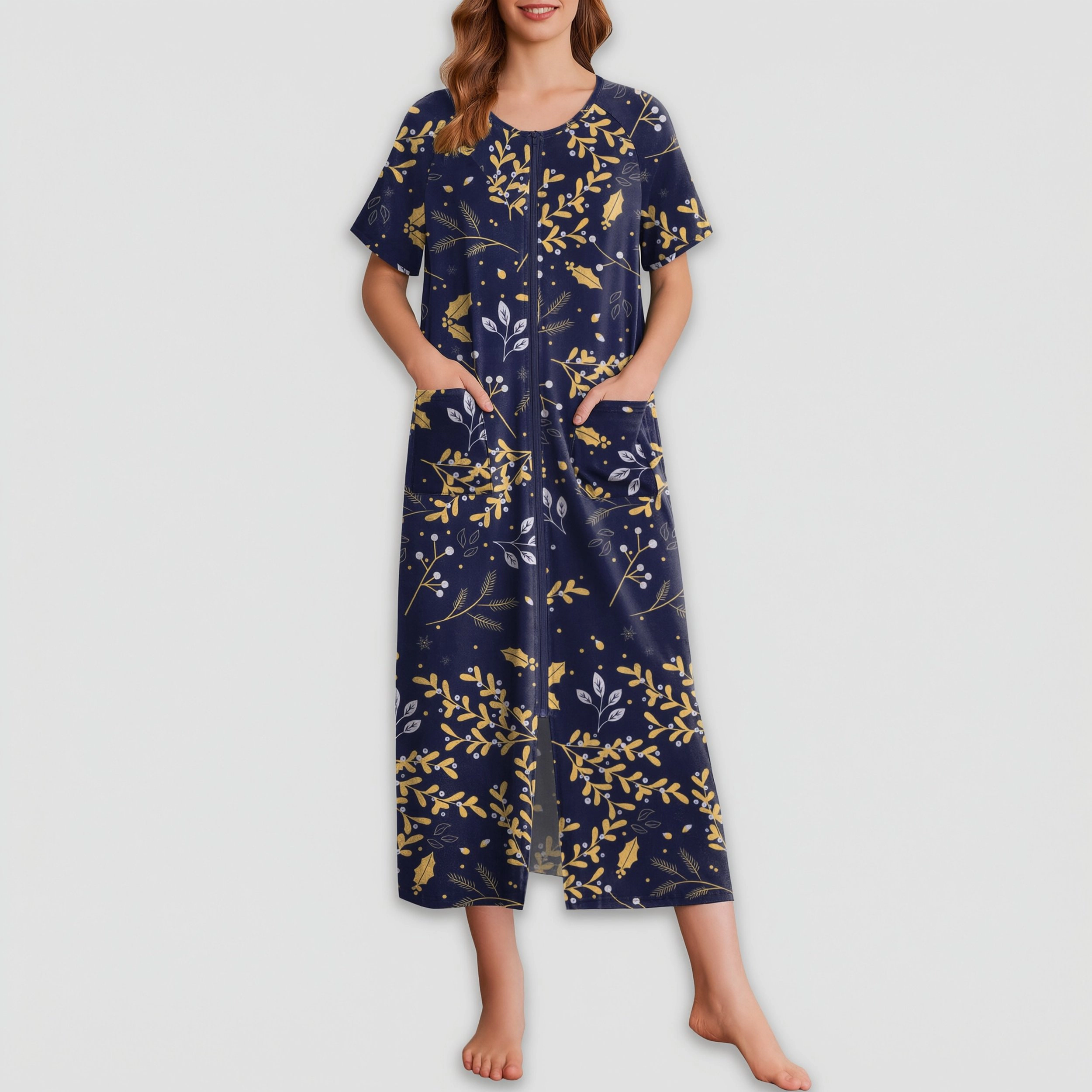 Ekouaer Women's Zipper Robes Full Length Short Sleeve Housecoats House Dress with Pockets
