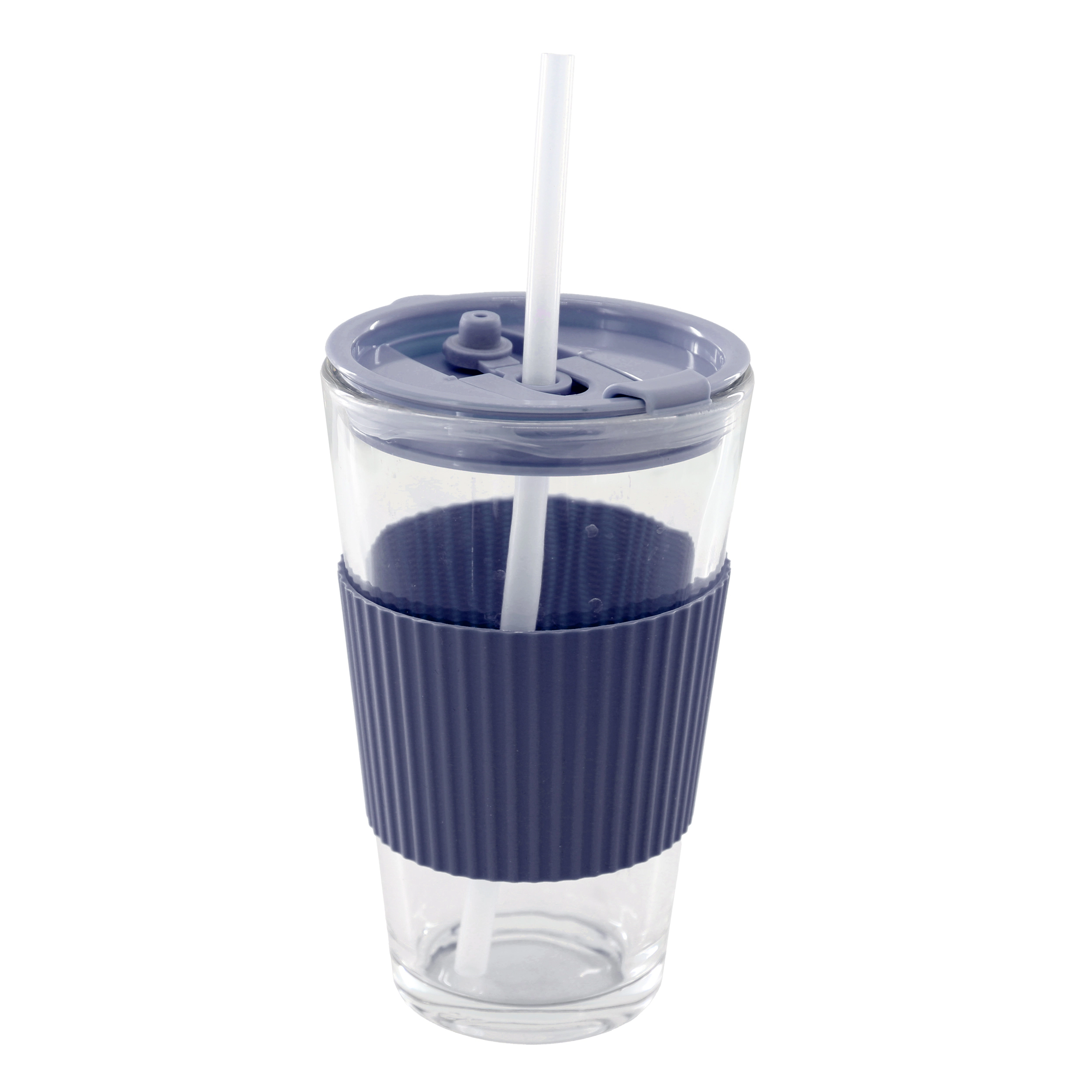 Mr. Coffee Sip Savvy 4 Piece 15 Ounce Silicone Sleeve Glass Cup Set w/ Lid and Straw Navy