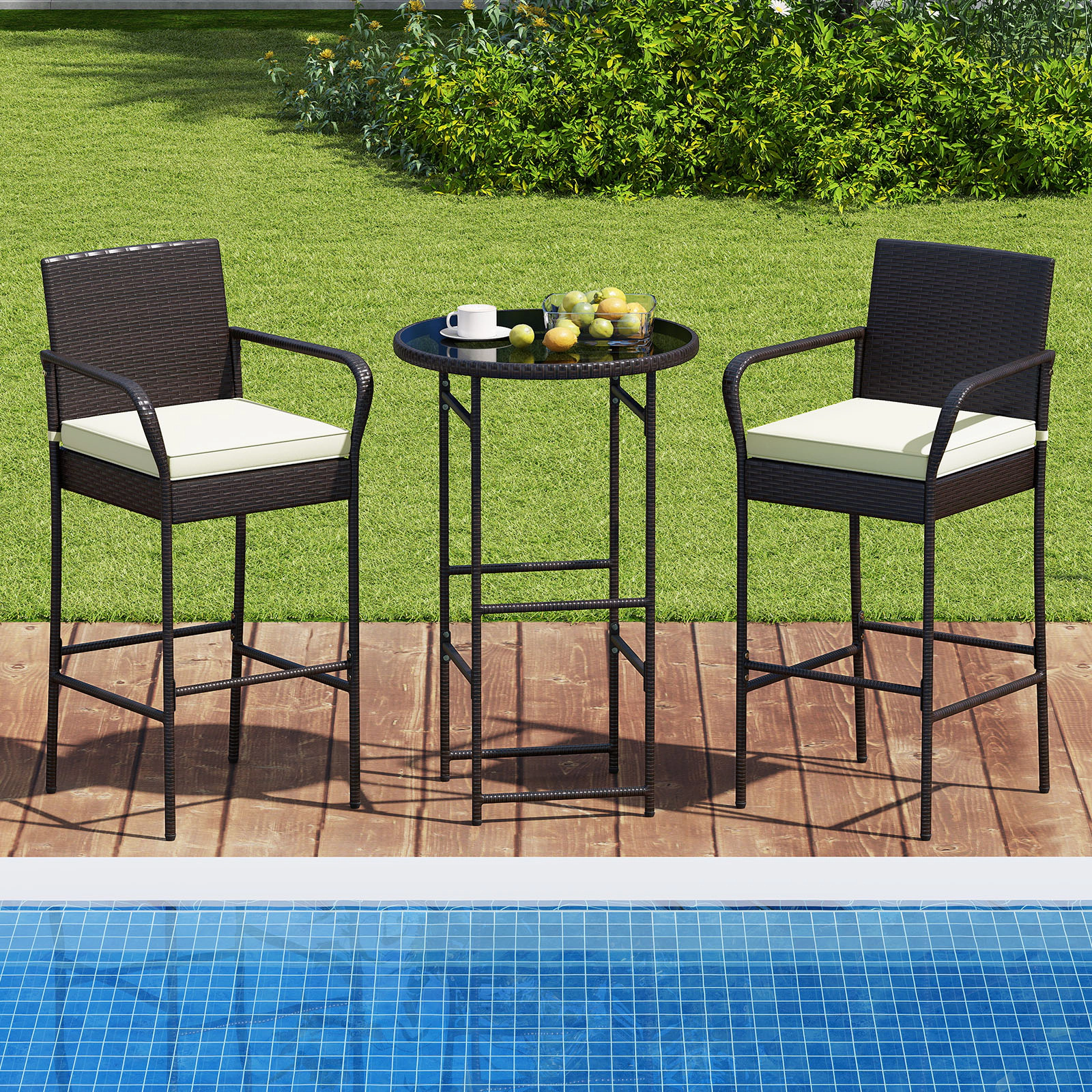 SUGIFT 3-Piece Outdoor Bar Set with Bar Table & 2 Cushioned Bar Chairs 400-lb Chair Capacity Mix Brown Rattan Off White
