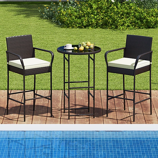 SUGIFT 3-Piece Outdoor Bar Set with Bar Table & 2 Cushioned Bar Chairs 400-lb Chair Capacity Mix Brown Rattan Off White