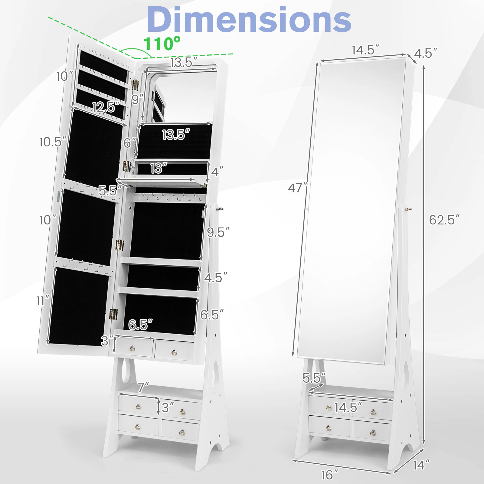 SlickBlue Jewelry Armoire with Full-Length Mirror and Drawers