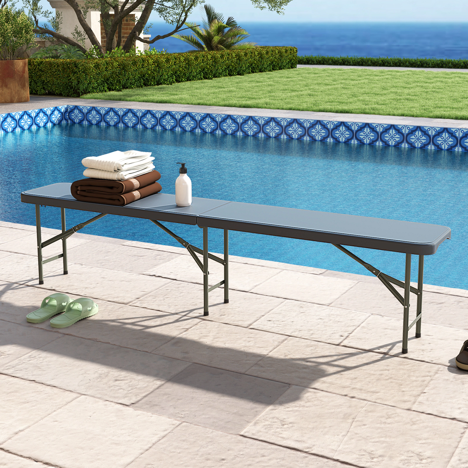 SUGIFT 6-Ft HDPE Plastic Folding Bench Portable Seat with Carry Handle and Middle Lock 660-lb Capacity Gray/White