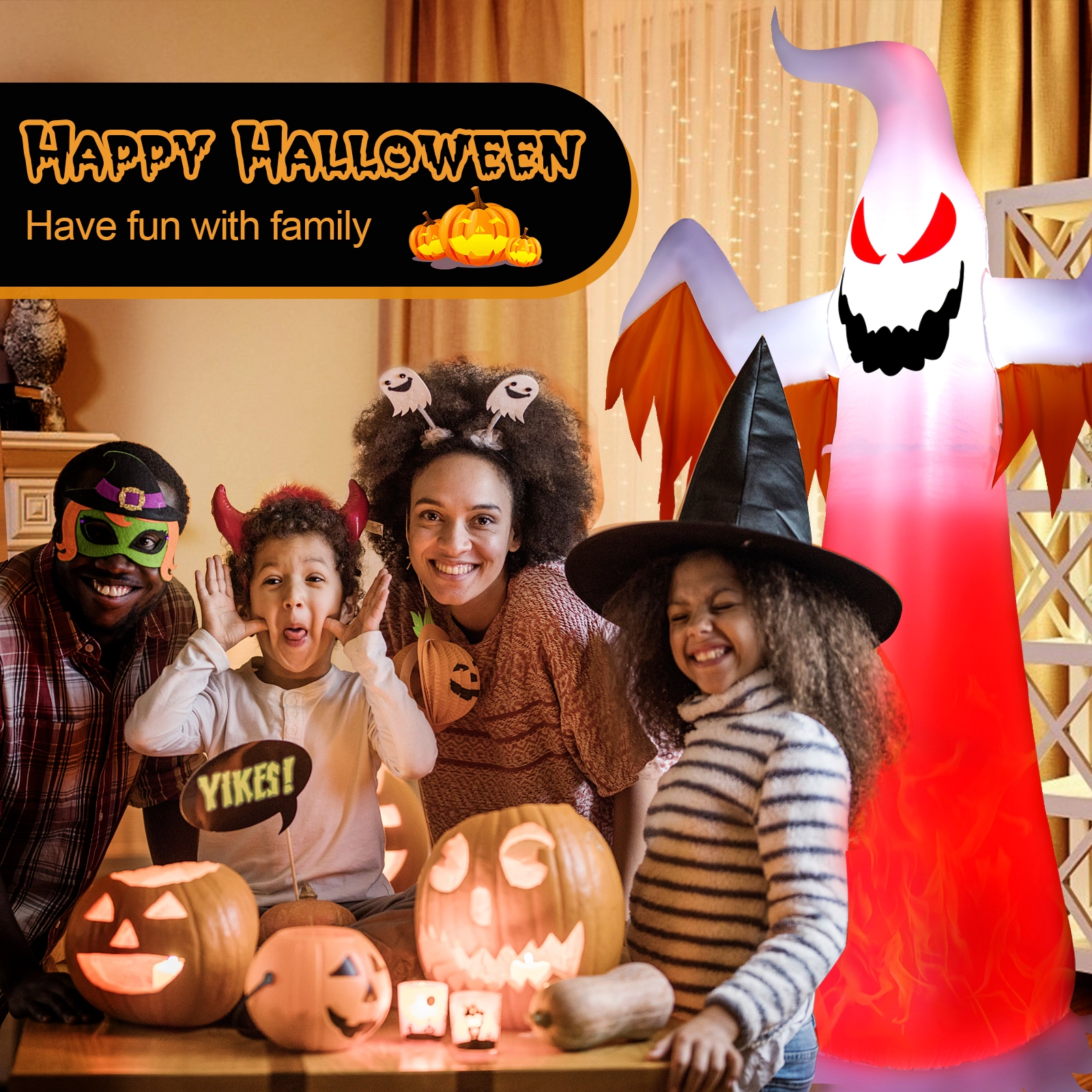 LJG 8 Feet Halloween Inflatable Ghost with Rotatable Flame LED Lights