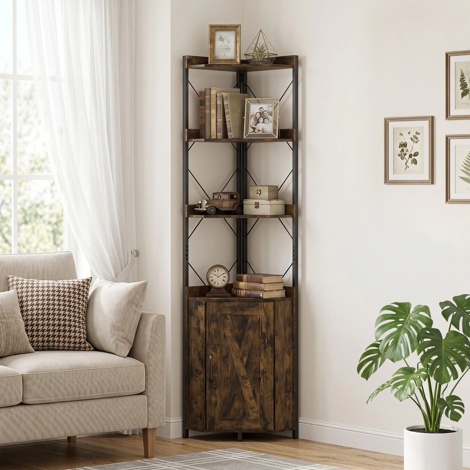 LJG Tall Corner Storage Cabinet with 3-Tier Shelf and Enclosed Cabinet