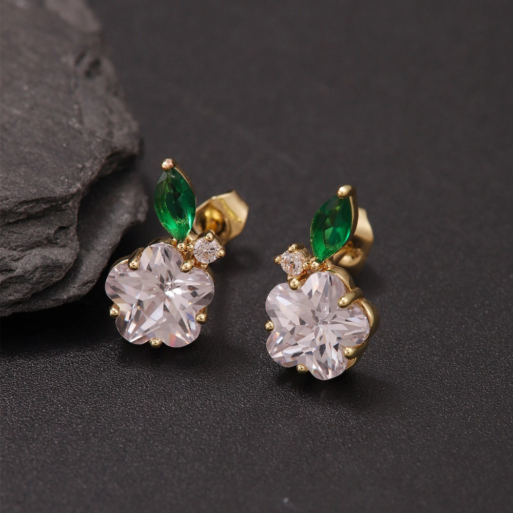 Flower Cubic Zirconia Stud Earring Gold Plated Emerald Leaf Crystal Dainty Earring