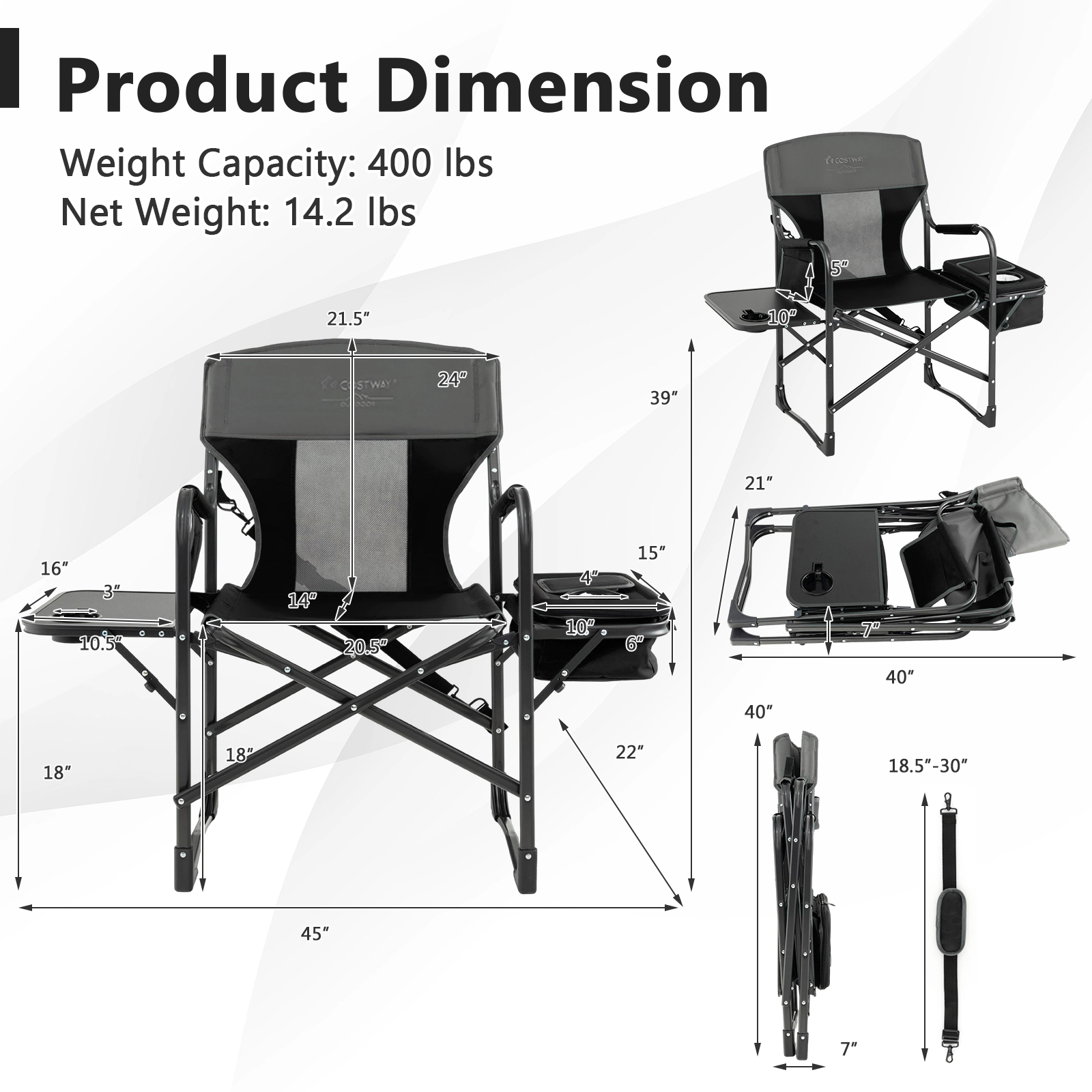 LJG Folding Camping Directors Chair with Cooler Bag and Side Table