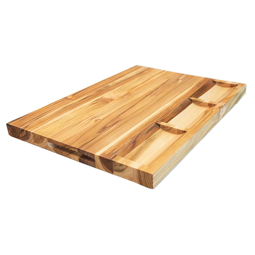 EcoDecors 24" x 18" Teak Cutting Board Natural Edge Grain with Juice Channel and Carved Handles