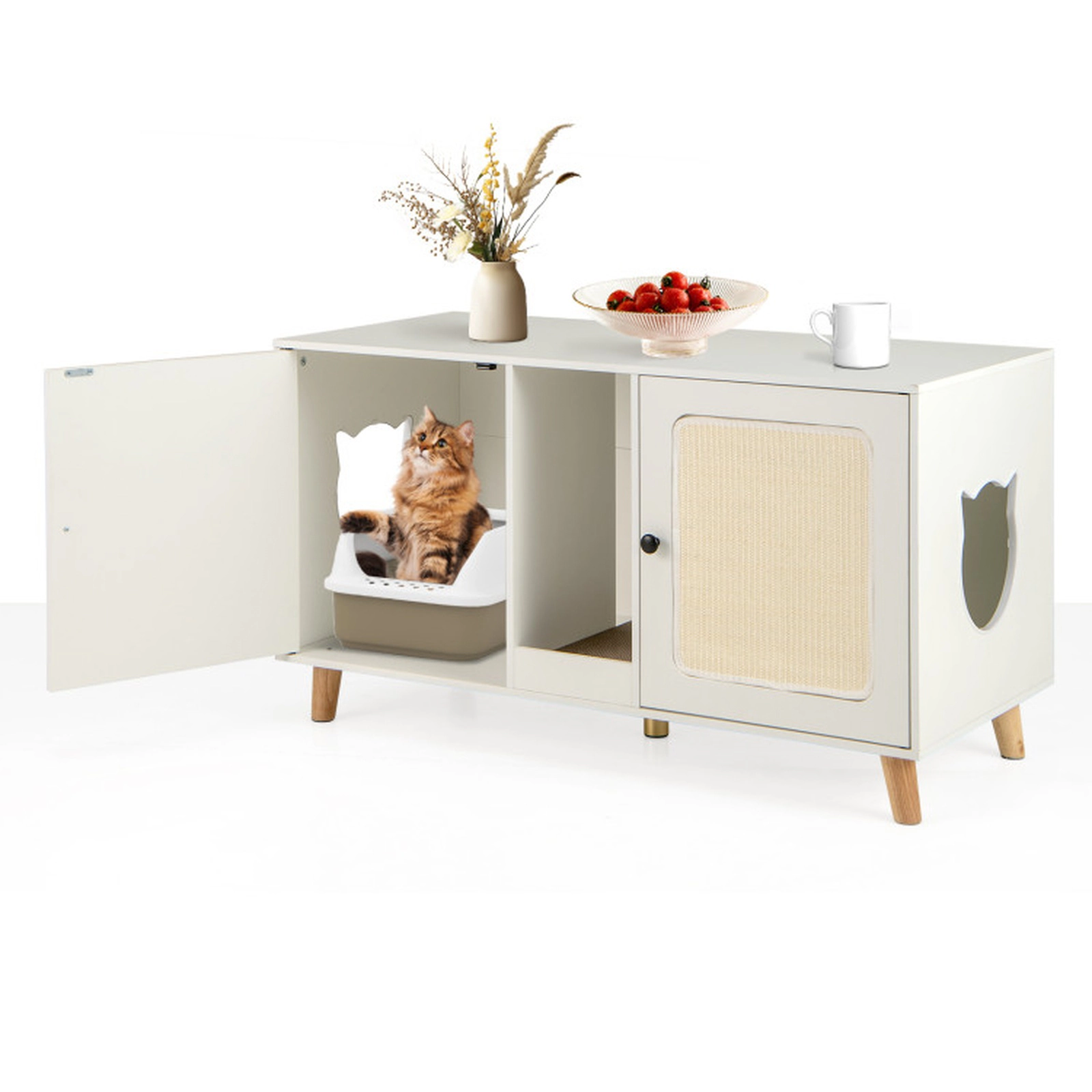 SUGIFT 43-in Double-Room Cat Litter Box Enclosure Side Table with 2 Sisal Scratching Mats Natural White