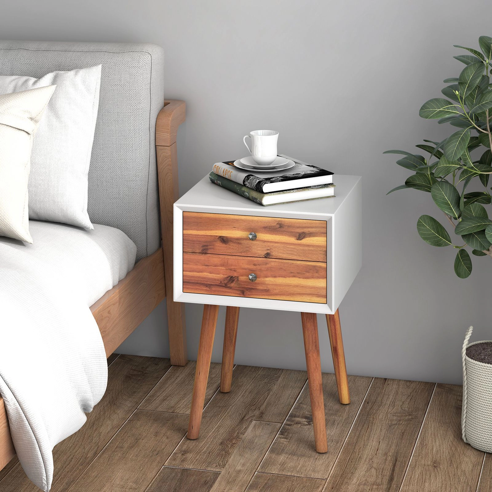 SlickBlue Modern Bedside Table with 2 Drawers and Wood Legs