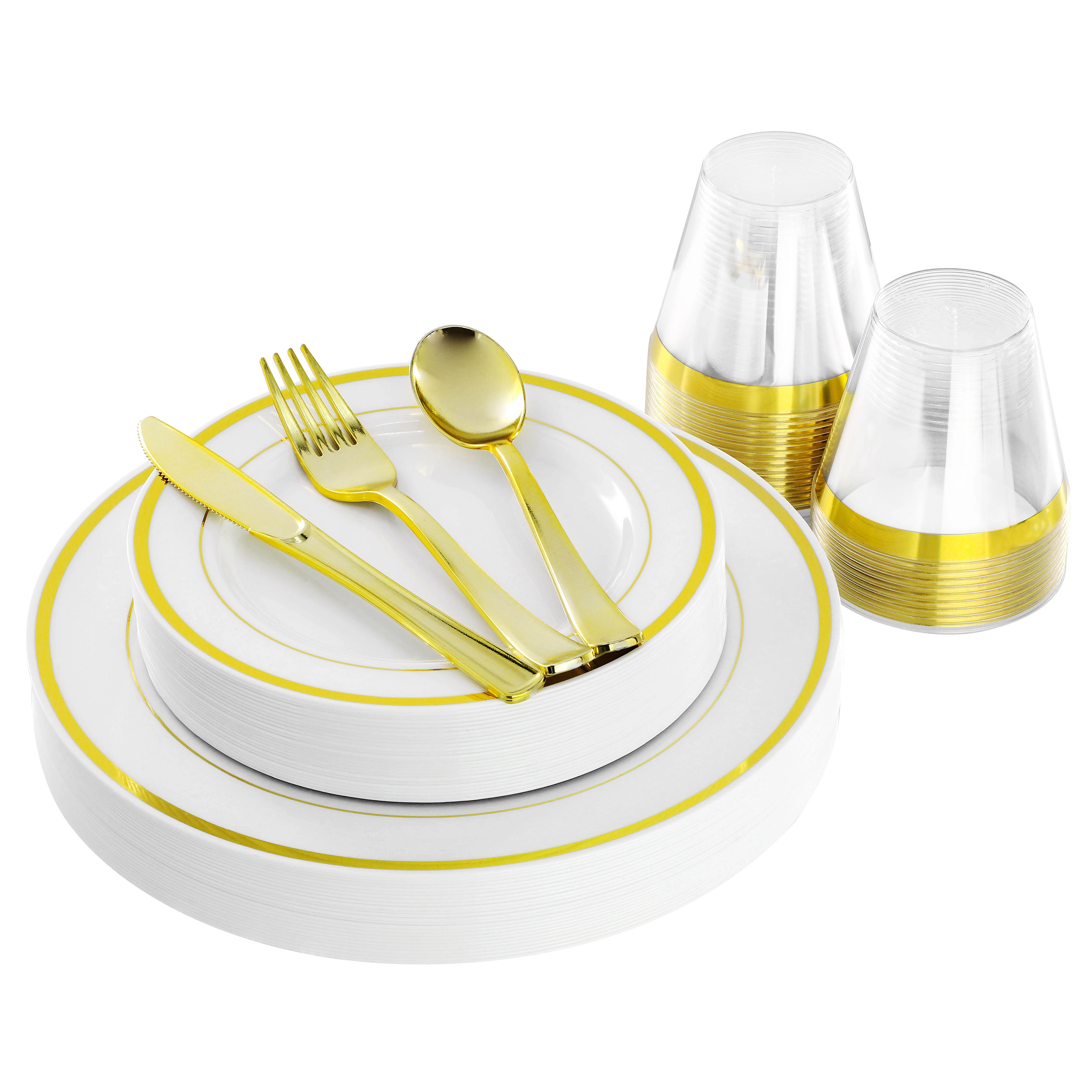 Elama 150 Piece Disposable Plastic Dinnerware Party Set for 25 Guests in White with Silver Trim