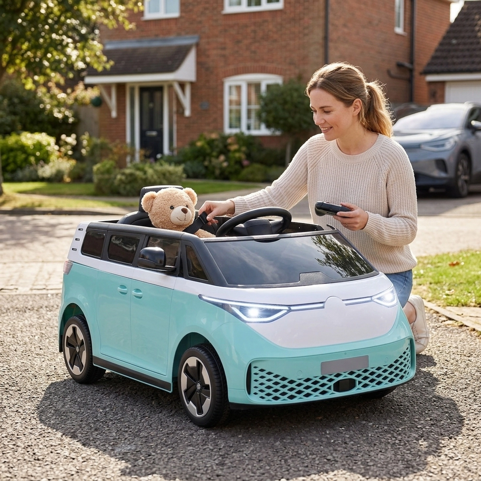 12V Kids Ride On Car Bus with Shift Lever Parent Remote Spring Suspension and LED Headlights for Ages 3-7 Electric Car