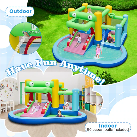 LJG Kids Inflatable Bounce House with Slide and Splash Pool and 680W Blower