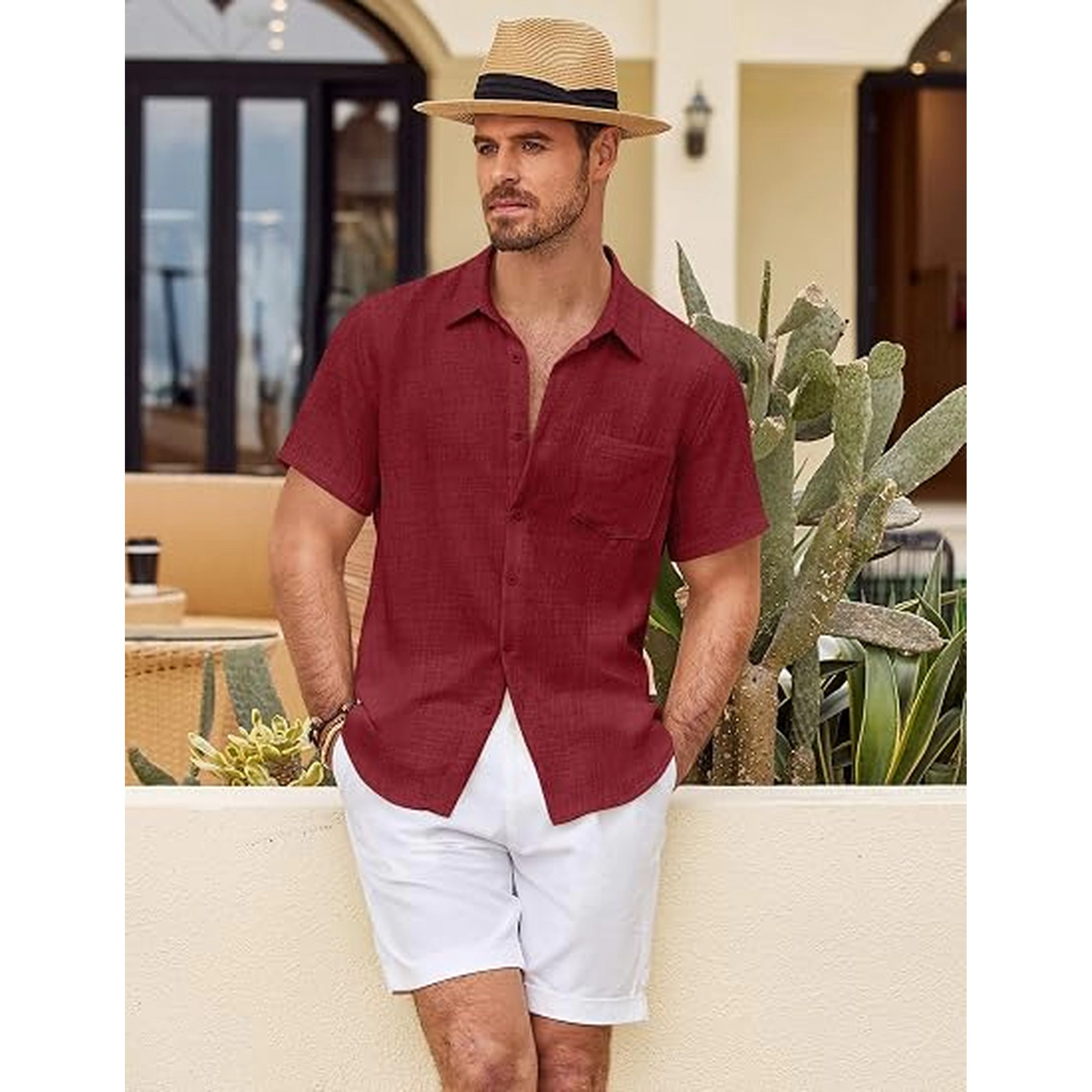 COOFANDY Men's Regular Fit Lightweight Linen Short Sleeve Camp Shirt