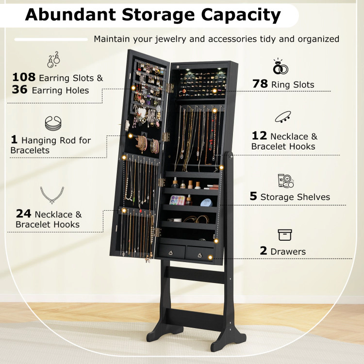 Hivvago Lockable Freestanding Jewelry Cabinet Armoire with Full-Length Mirror and Lights