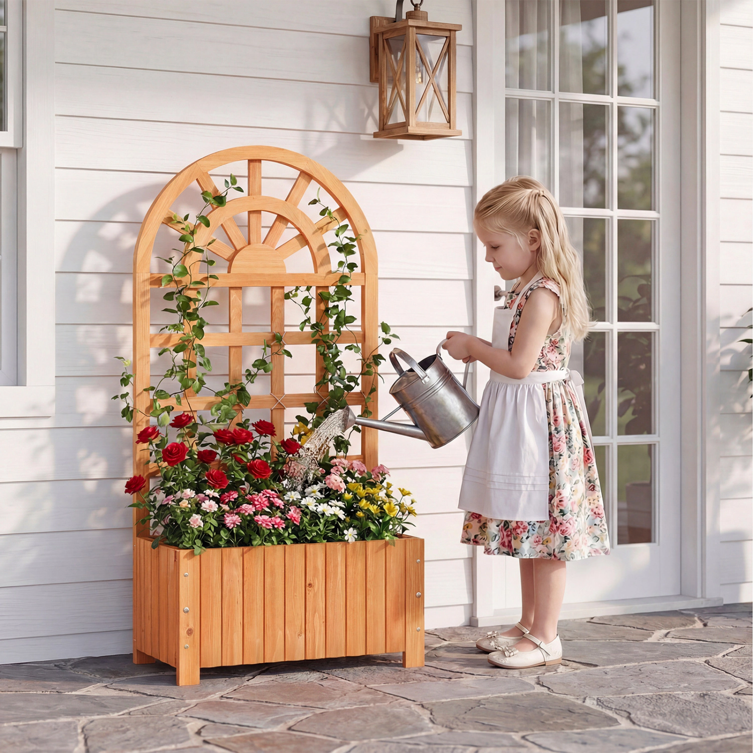 LJG Wooden Raised Garden Bed with Trellis 48 Inch Outdoor Screen