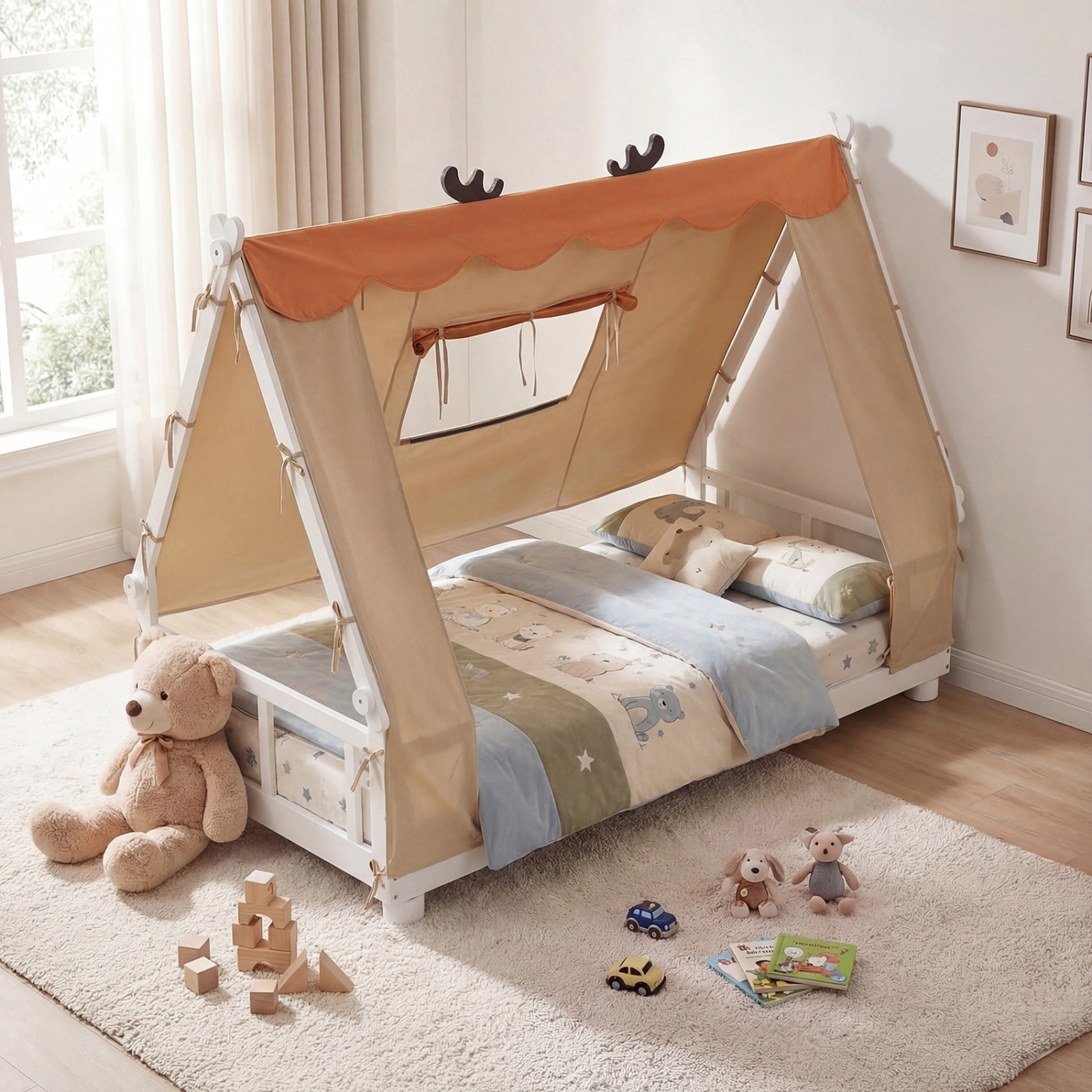 SUGIFT Twin House Floor Bed, Montessori Wood Frame, Velvet Canopy, White