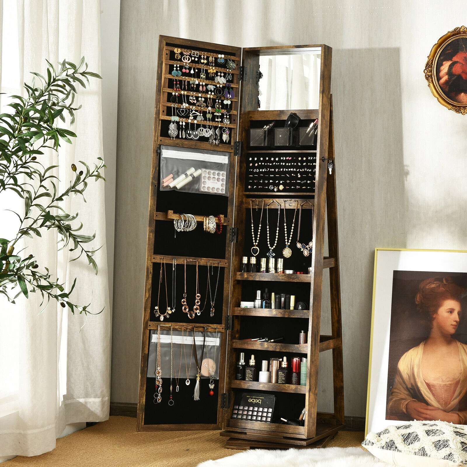 SUGIFT 360° Rotatable 2-in-1 Lockable Jewelry Cabinet with Full-Length Mirror 63.5-in Tall Rustic Brown